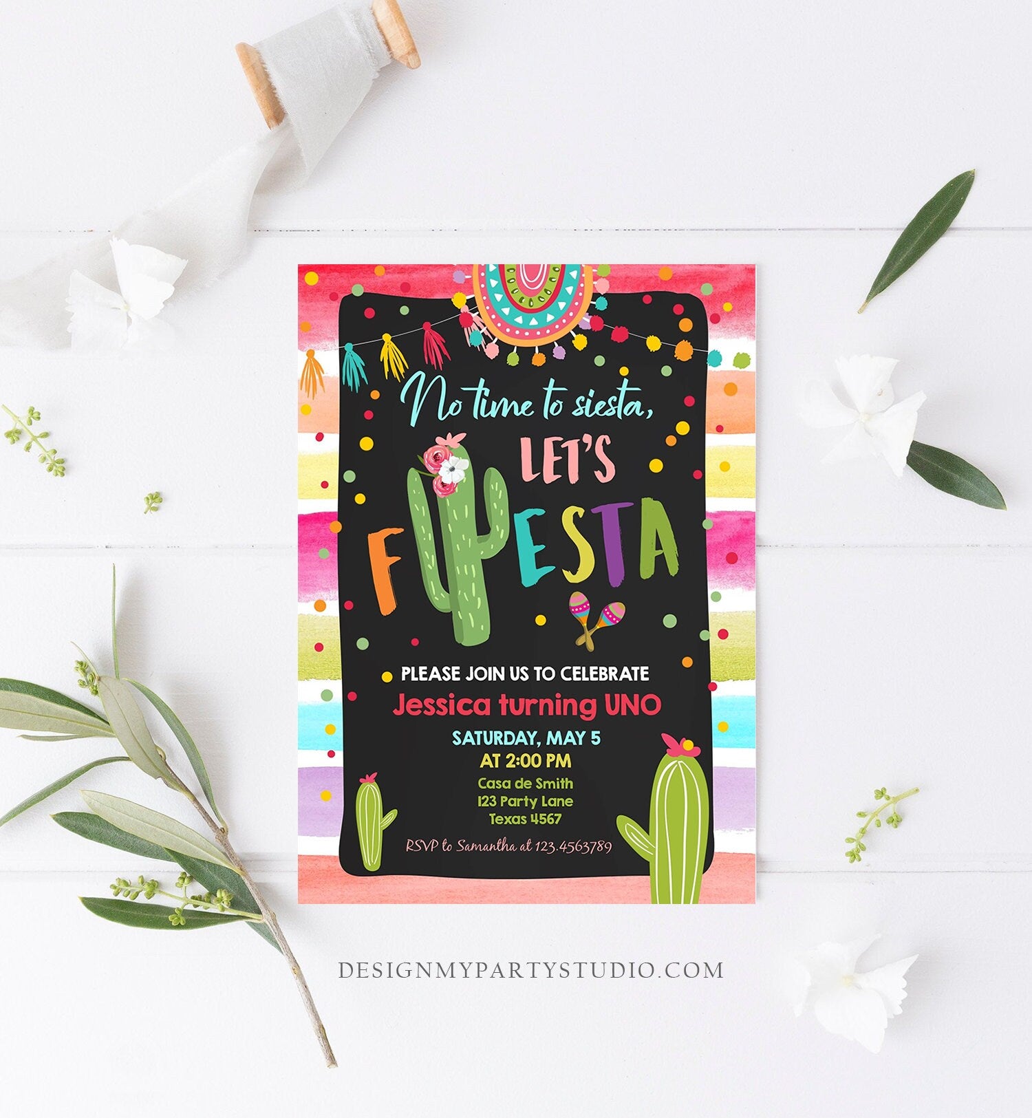 Editable Let's Fiesta Birthday Invitation Cactus Succulent First Birthday Party Girl 1st Mexican Uno Download Corjl Template Printable 0134