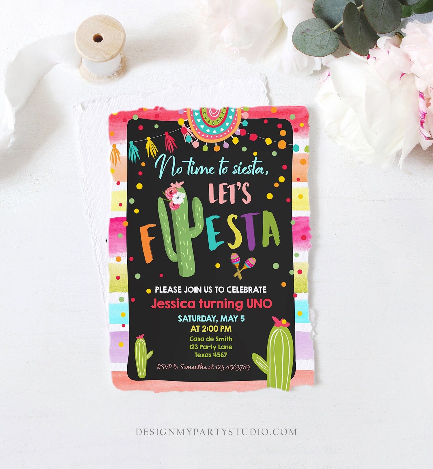 Editable Let's Fiesta Birthday Invitation Cactus Succulent First Birthday Party Girl 1st Mexican Uno Download Corjl Template Printable 0134