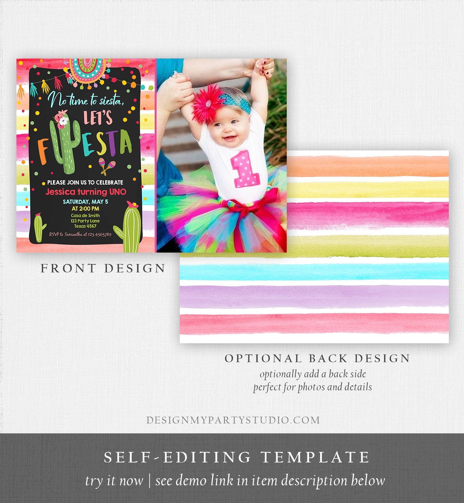 Editable Let's Fiesta Birthday Invitation Cactus Succulent First Birthday Party Girl 1st Mexican Uno Download Corjl Template Printable 0134