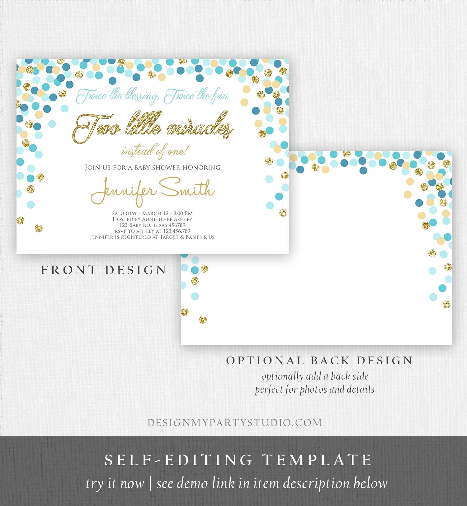 Editable Twin Baby Shower Invitation Boys Twin Boys Baby Blue and Gold Glitter Confetti Boy Baby Shower Invite Template Download Corjl 0133