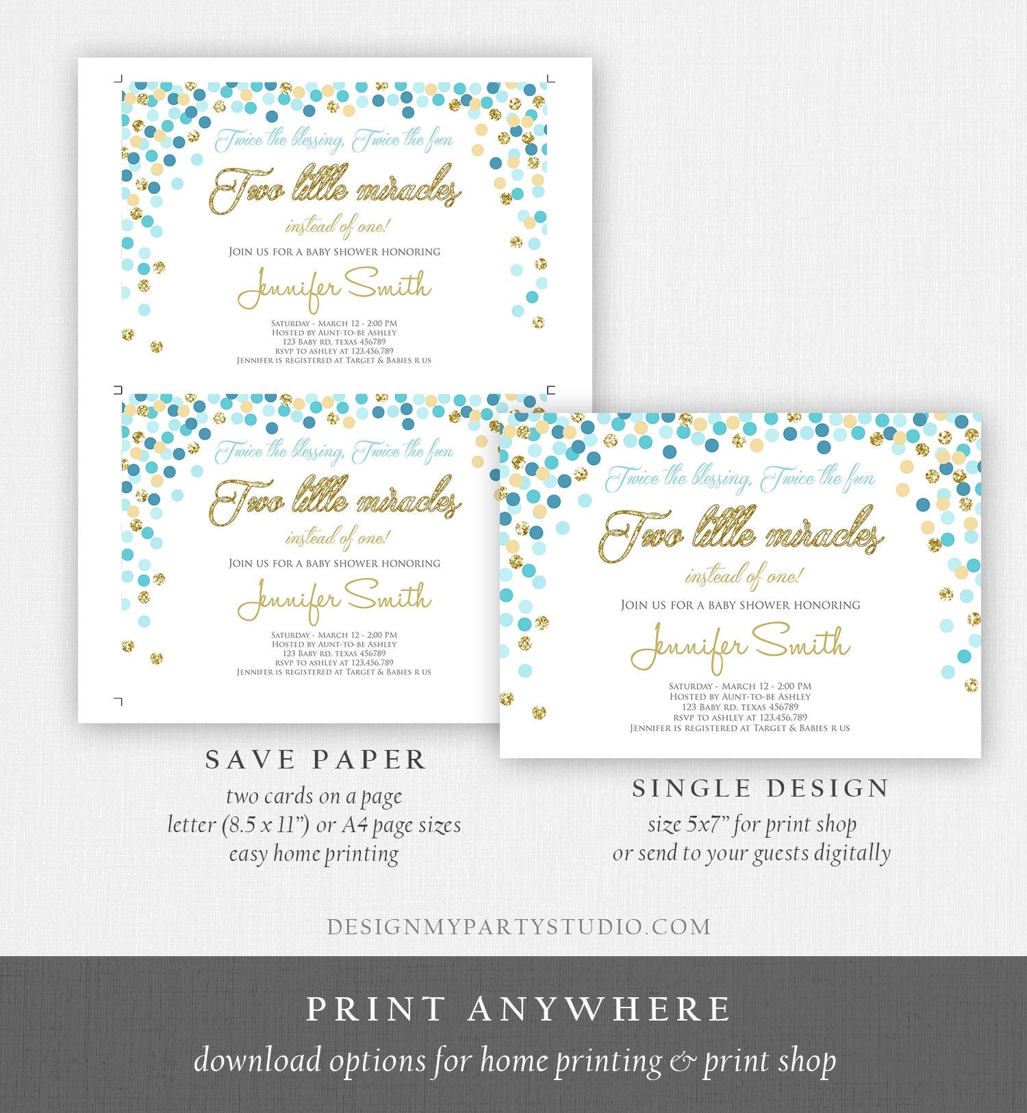 Editable Twin Baby Shower Invitation Boys Twin Boys Baby Blue and Gold Glitter Confetti Boy Baby Shower Invite Template Download Corjl 0133