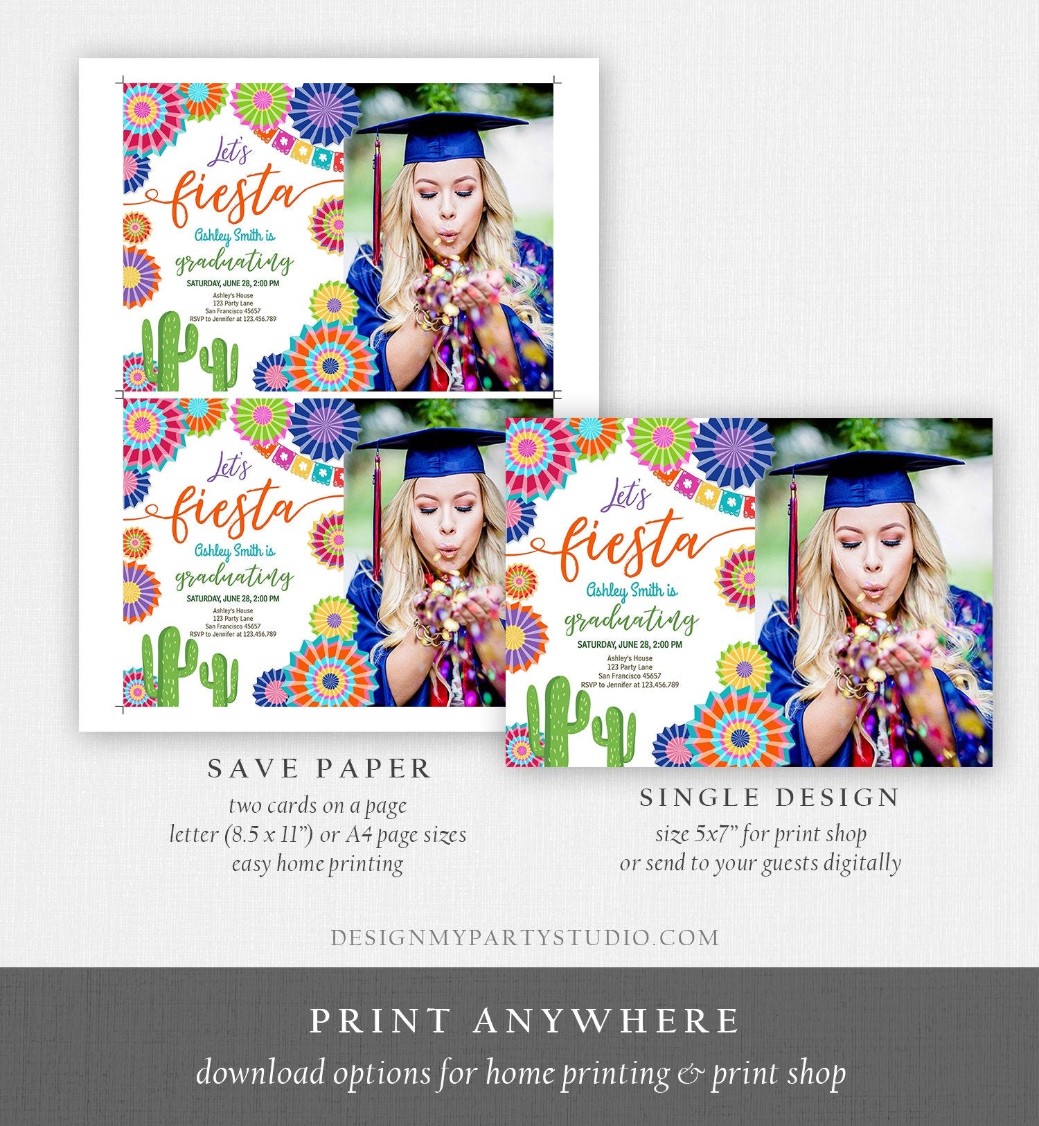 Editable Let's Fiesta Graduation Party Invitation Cactus Mexican Taco Bout Grad High School College Download Corjl Template Printable 0236