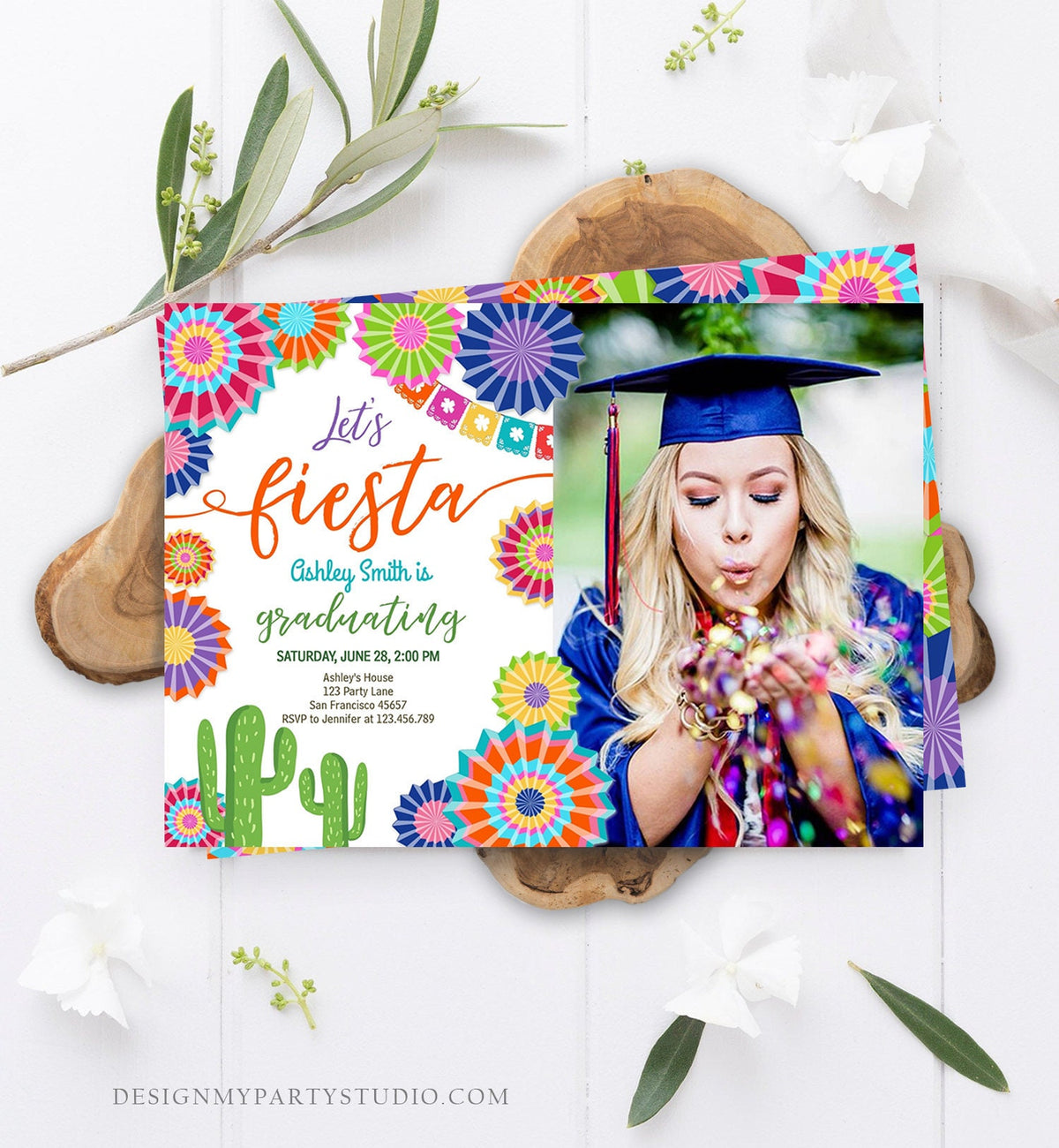 Editable Let&#39;s Fiesta Graduation Party Invitation Cactus Mexican Taco Bout Grad High School College Download Corjl Template Printable 0236