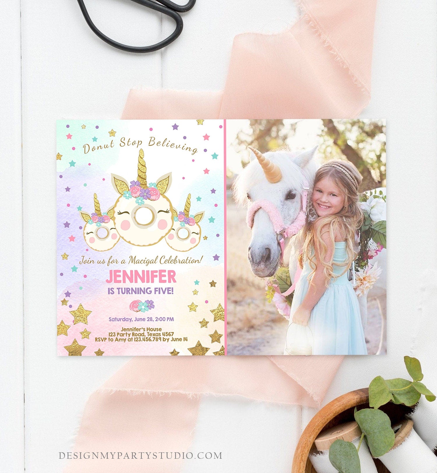 Editable Donut Unicorn Birthday Invitation Donut Stop Believing Magical Rainbow Party Doughnut Girl Pink Gold Corjl Template Printable 0041