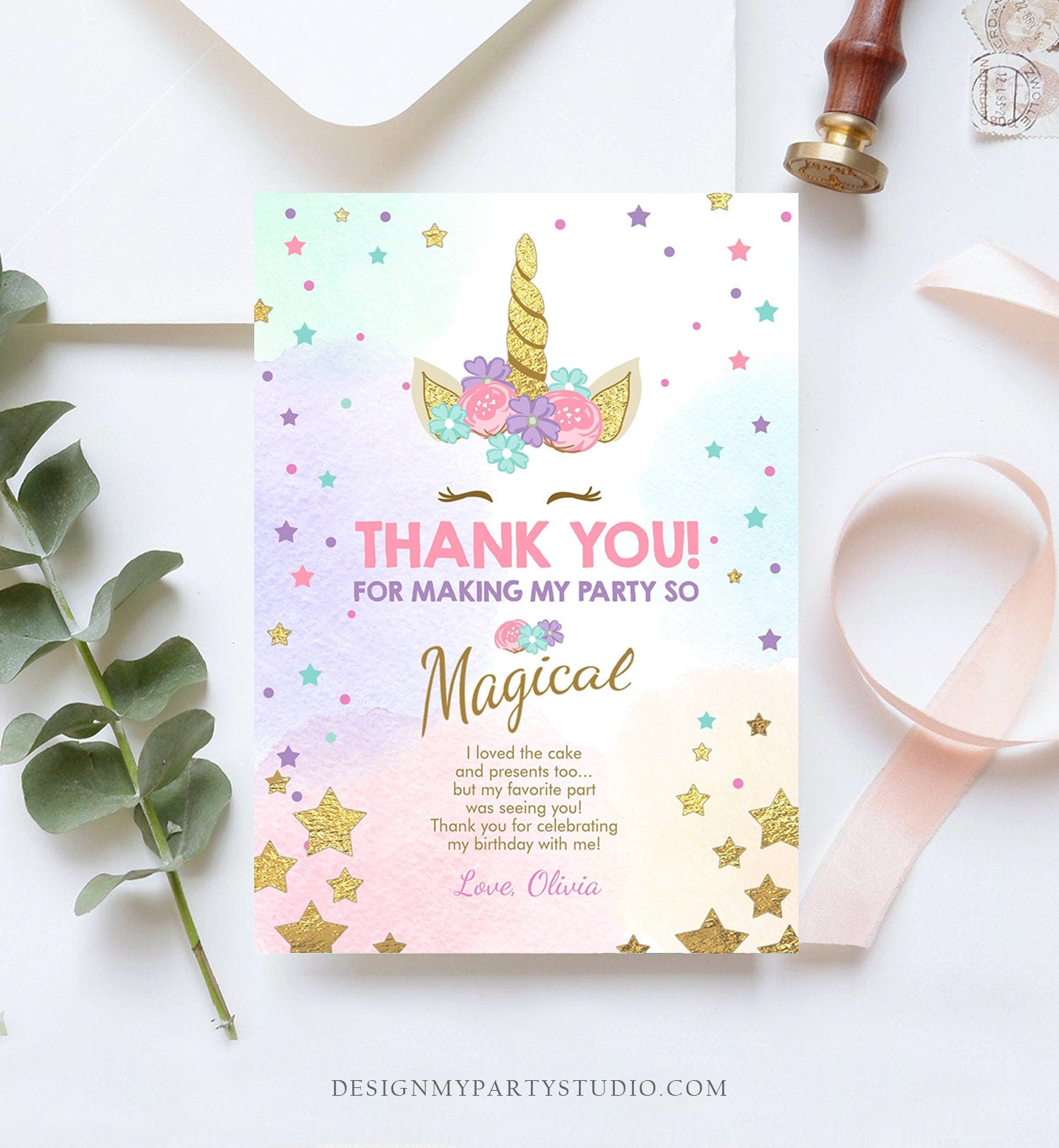 Editable Unicorn Thank You Card Girl Birthday Thank You Note Pink Gold Magical Party Baby Shower Download Corjl Template Printable 0041