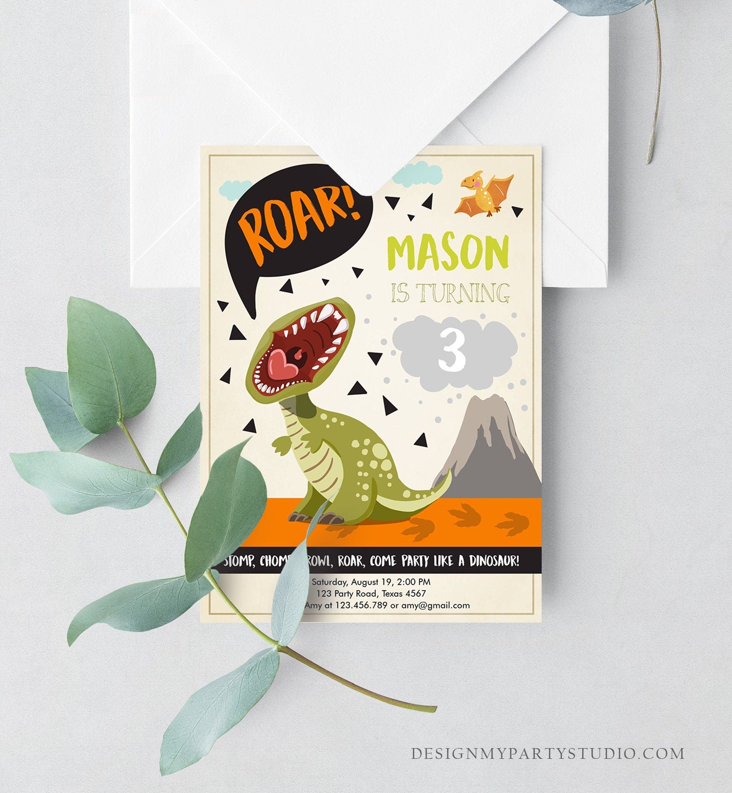 Editable Dinosaur Birthday Invitation Boy T-Rex Dino Party Stomp Chomp Growl Roar Party Like a Dinosaur Prehistoric Corjl Template 0301