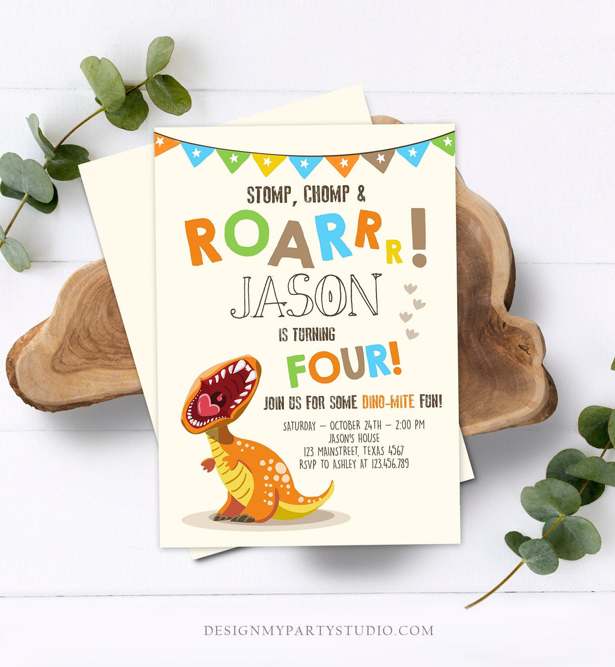 Editable Dinosaur Birthday Invitation Boy T-Rex Dino Party Stomp Chomp Growl Roar Party Like a Dinosaur Prehistoric Corjl Template 0301