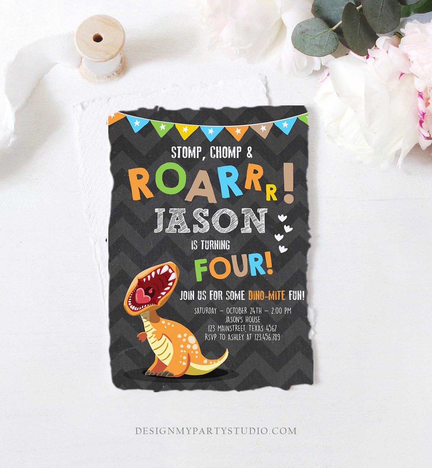 Editable Dinosaur Birthday Invitation Boy T-Rex Dino Party Stomp Chomp Growl Roar Party Like a Dinosaur Prehistoric Corjl Template 0301