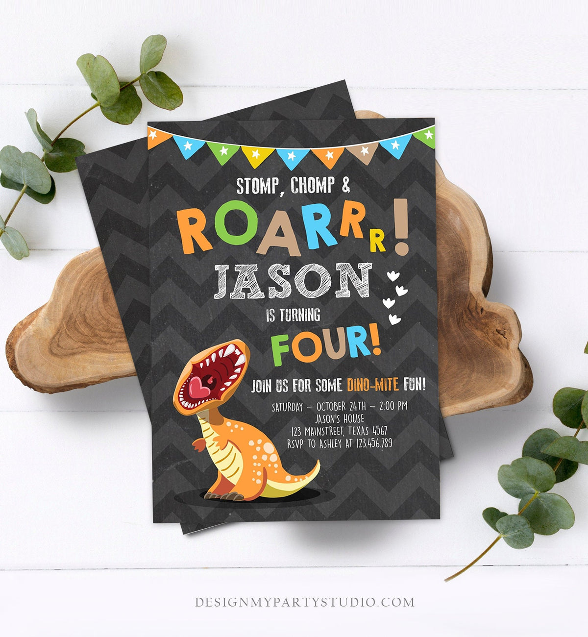 Editable Dinosaur Birthday Invitation Boy T-Rex Dino Party Stomp Chomp Growl Roar Party Like a Dinosaur Prehistoric Corjl Template 0301