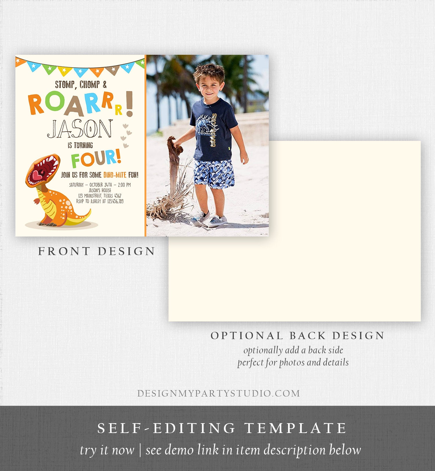 Editable Dinosaur Birthday Invitation Boy T-Rex Dino Party Stomp Chomp Growl Roar Party Like a Dinosaur Prehistoric Corjl Template 0301