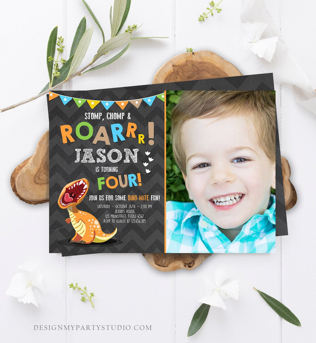 Editable Dinosaur Birthday Invitation Boy T-Rex Dino Party Stomp Chomp Growl Roar Party Like a Dinosaur Prehistoric Corjl Template 0301