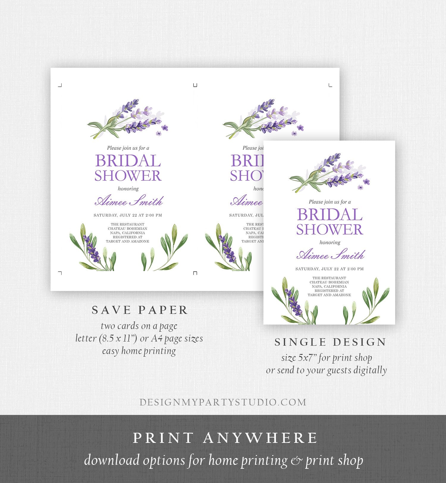 Editable Lavender Bridal Shower Invitation Greenery Foliage Boho Wedding Lilac Blush Lavender Purple Digital Corjl Template Printable 0206