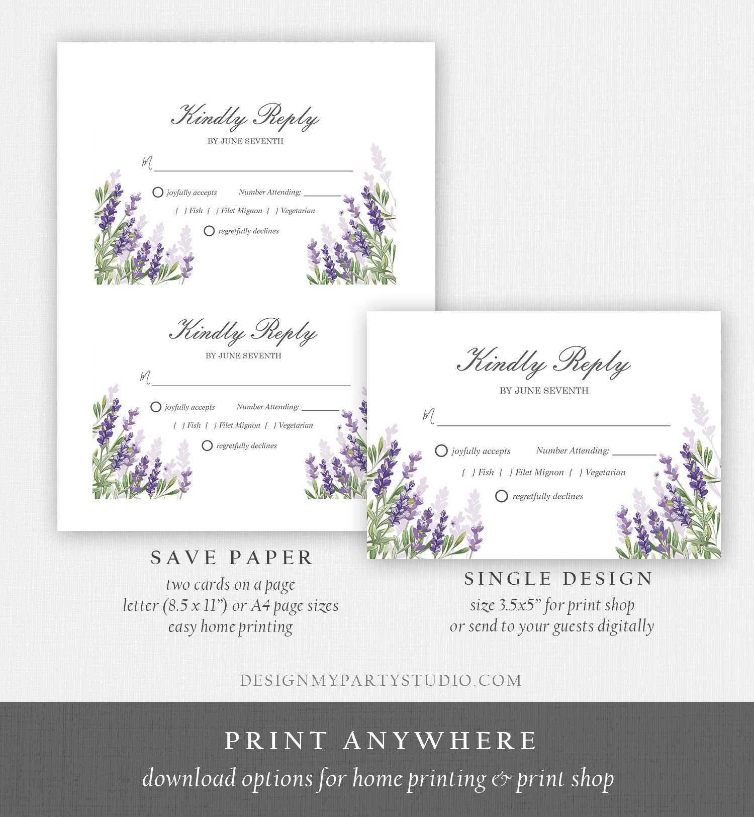 Editable Lavender RSVP Card Wedding Kindly Reply Response Card Greenery Foliage Boho Lilac Blush Purple Corjl Template Printable 0206