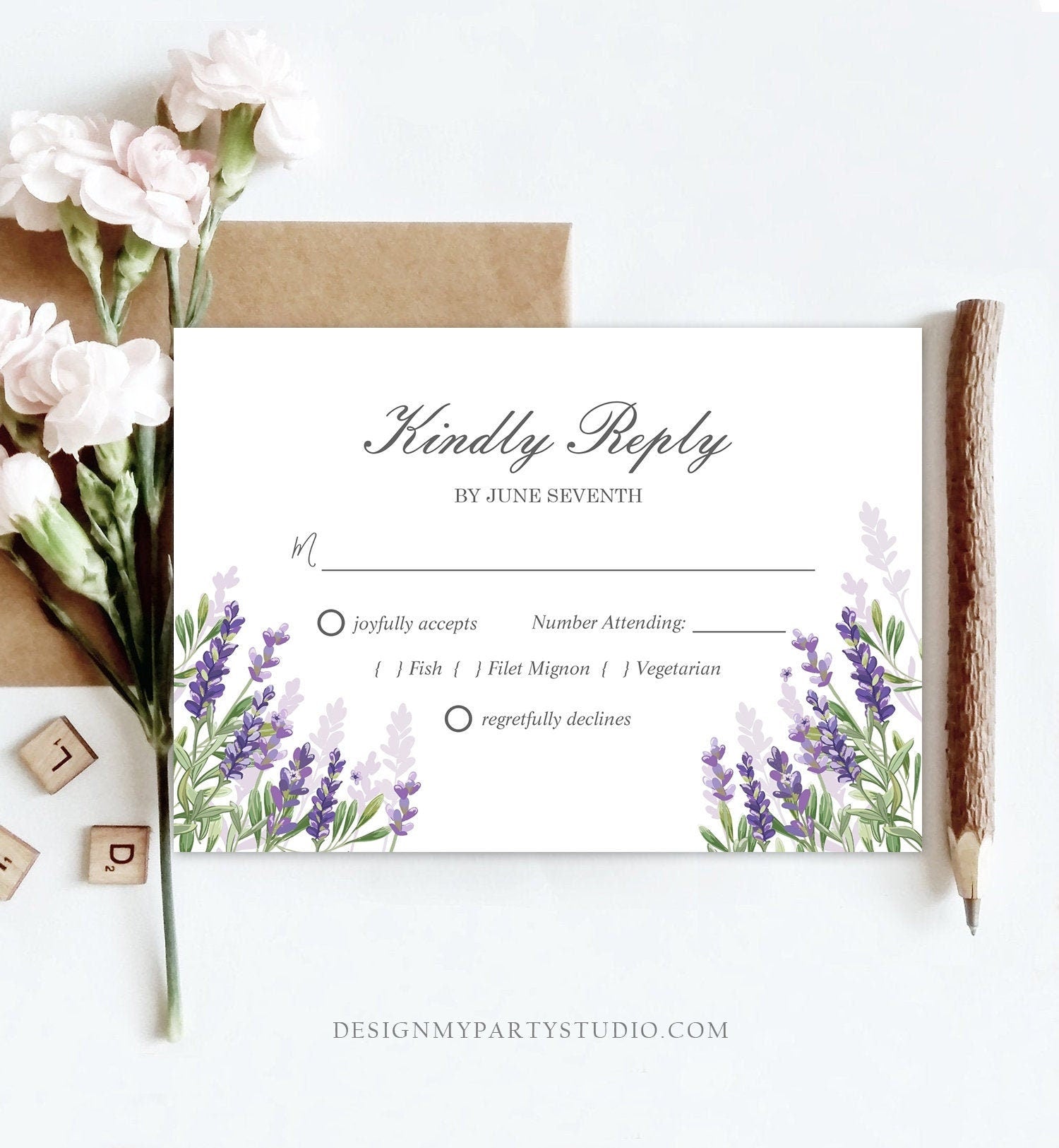 Editable Lavender RSVP Card Wedding Kindly Reply Response Card Greenery Foliage Boho Lilac Blush Purple Corjl Template Printable 0206