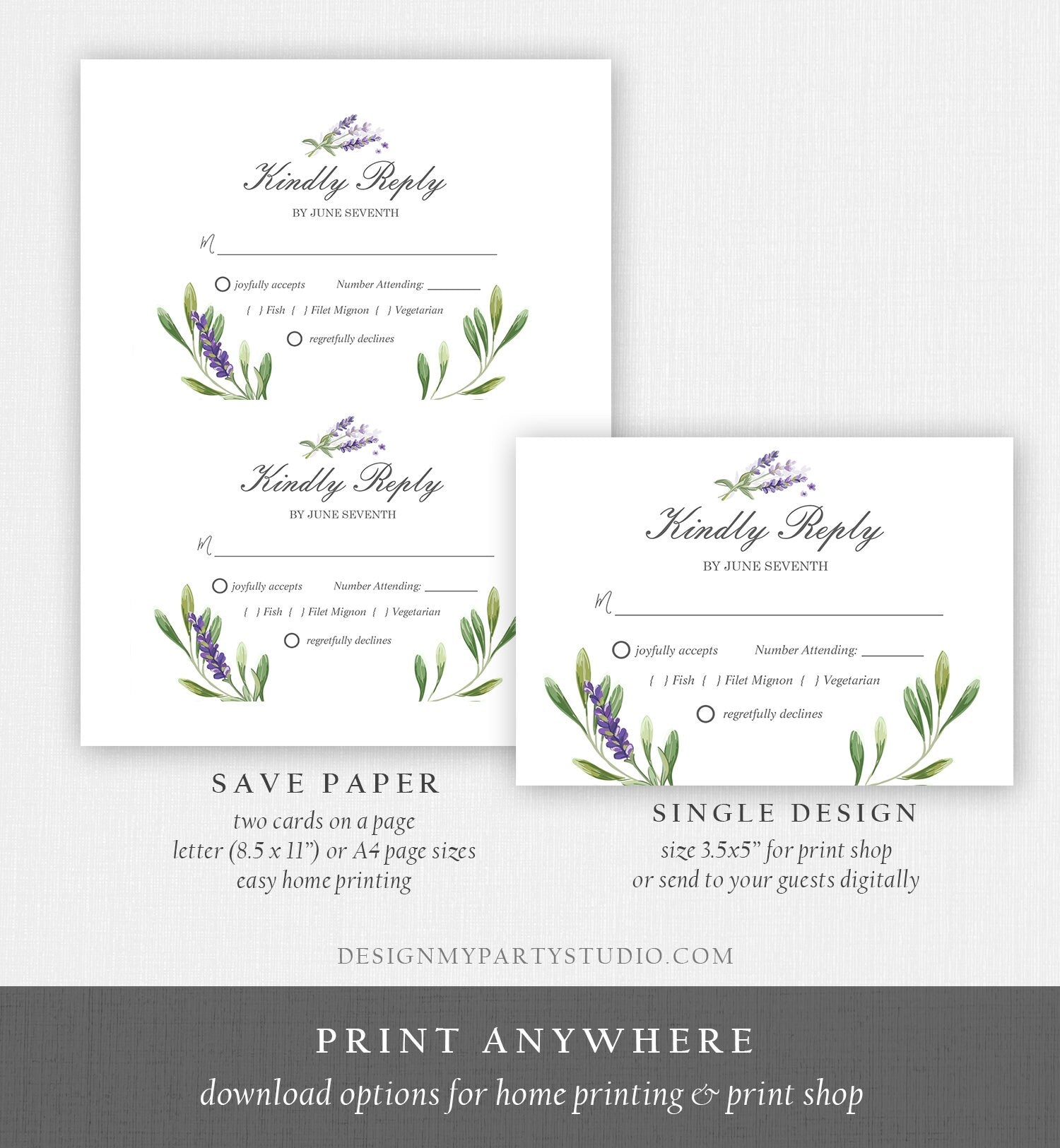 Editable Lavender RSVP Card Wedding Kindly Reply Response Card Greenery Foliage Boho Lilac Blush Purple Corjl Template Printable 0206