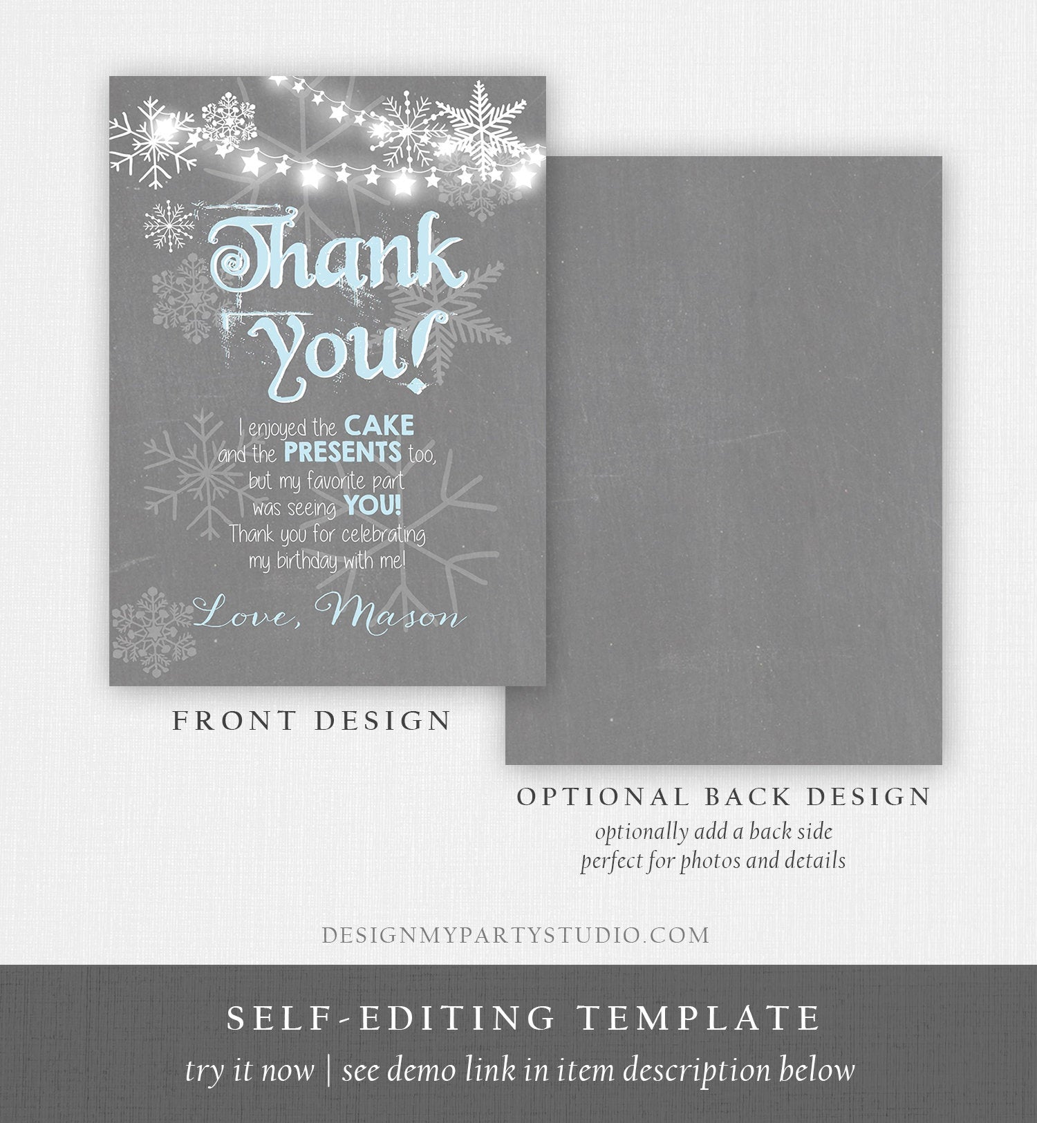 Editable Winter Onederland Thank You Card First Birthday Winter Thank You Note Blue Grey Boy Snowflake 1st Corjl Template Printable 0027