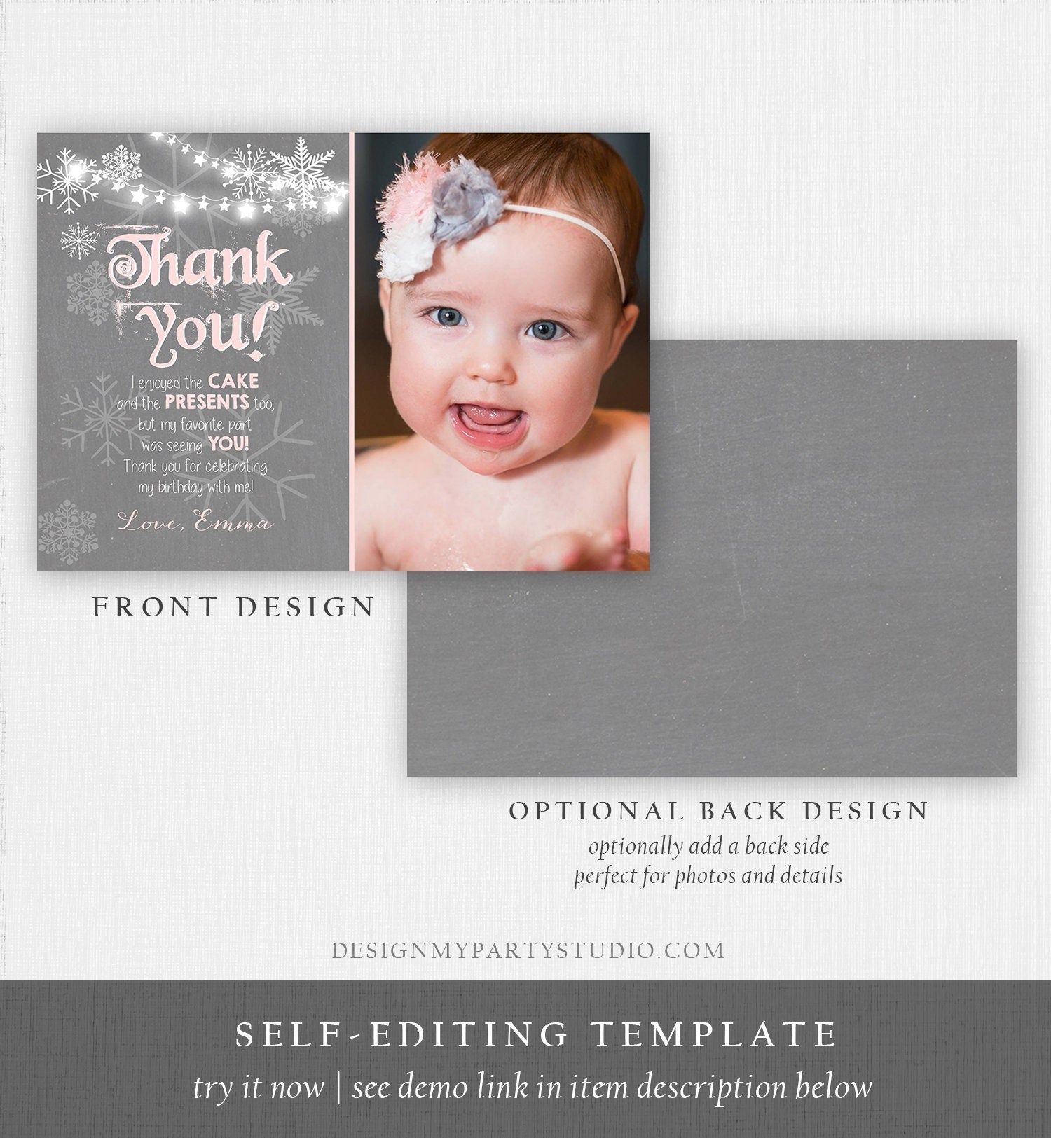 Editable Winter Onederland Thank You Card First Birthday Winter Thank You Note Pink Grey Girl Snowflake 1st Corjl Template Printable 0027