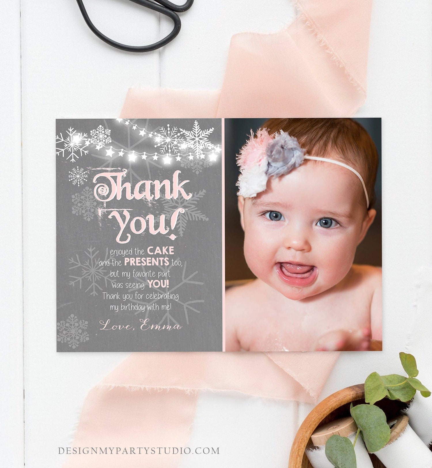 Editable Winter Onederland Thank You Card First Birthday Winter Thank You Note Pink Grey Girl Snowflake 1st Corjl Template Printable 0027