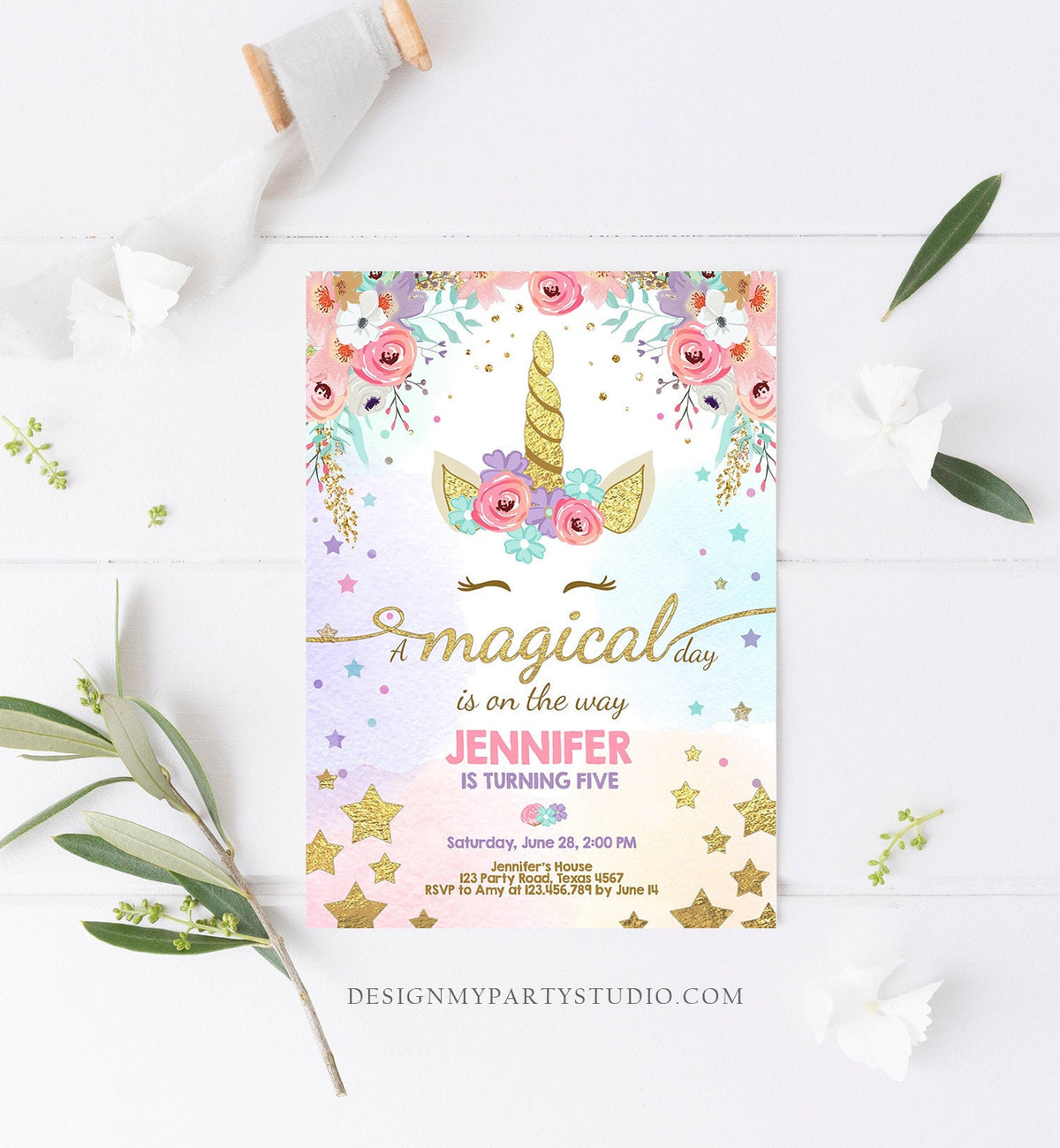 Editable Magical Unicorn Birthday Invitation Magical Day Rainbow Pastel Pink Girl Gold Stars Floral Download Corjl Template Printable 0041