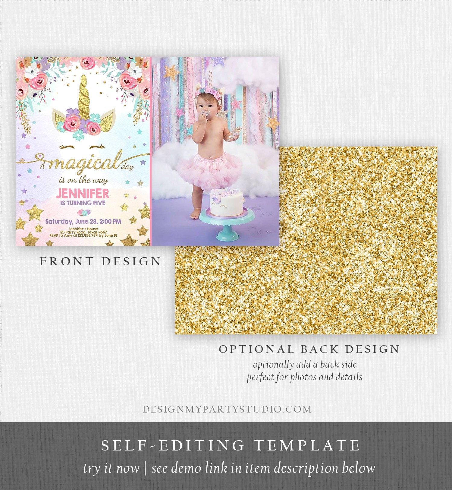 Editable Magical Unicorn Birthday Invitation Magical Day Rainbow Pastel Pink Girl Gold Stars Floral Download Corjl Template Printable 0041