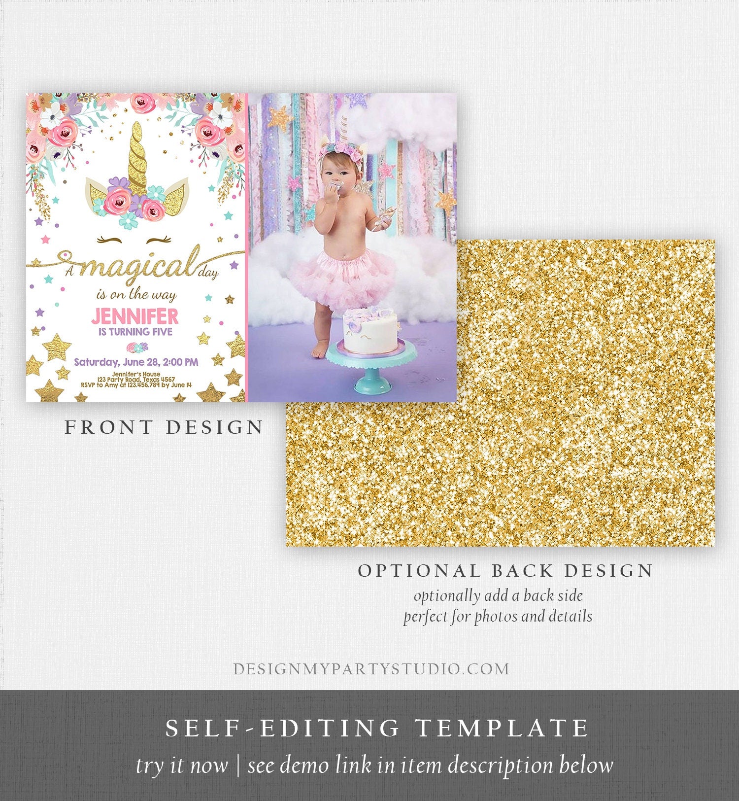 Editable Magical Unicorn Birthday Invitation Magical Day Rainbow Pastel Pink Girl Gold Stars Floral Download Corjl Template Printable 0041