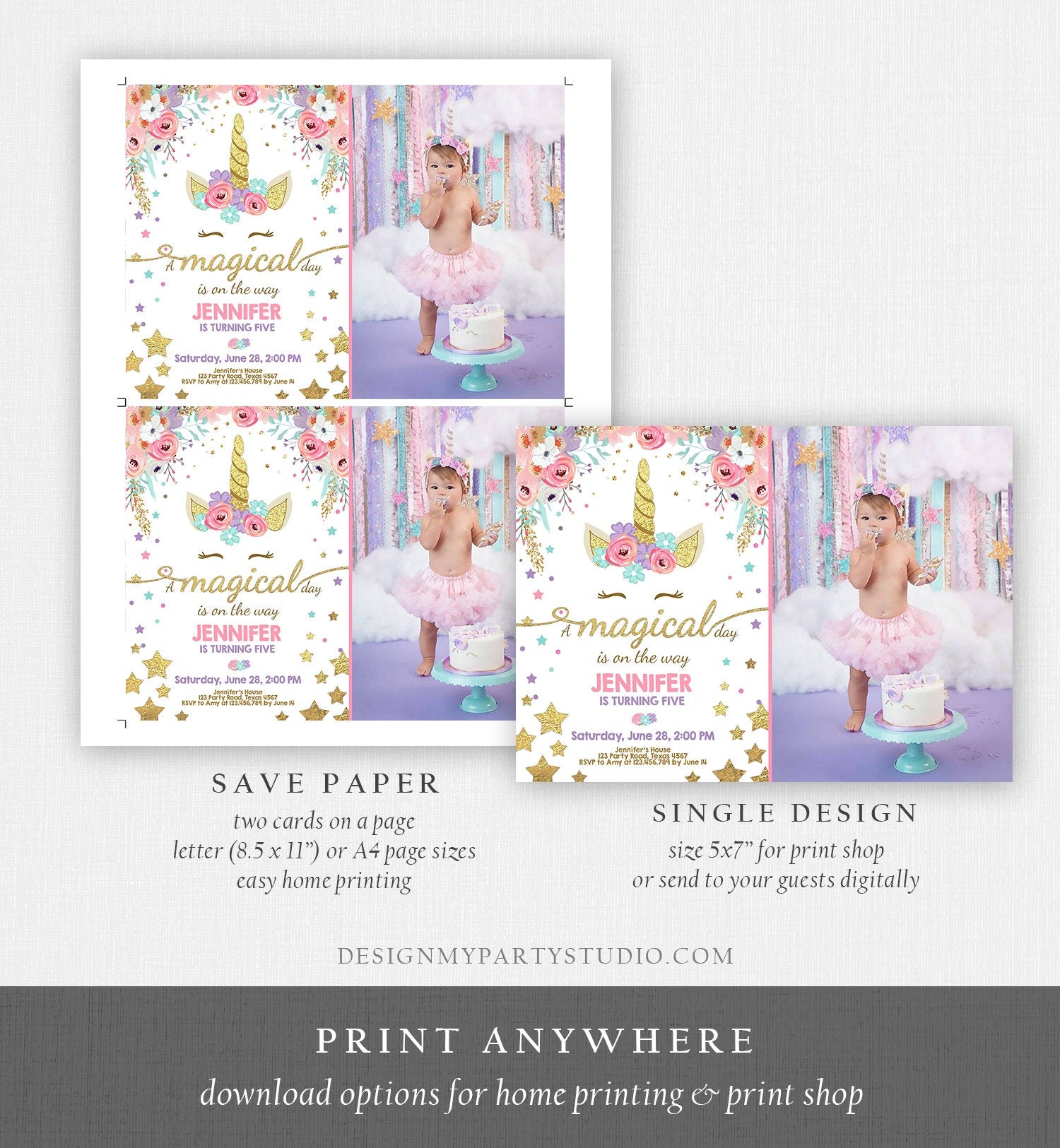 Editable Magical Unicorn Birthday Invitation Magical Day Rainbow Pastel Pink Girl Gold Stars Floral Download Corjl Template Printable 0041