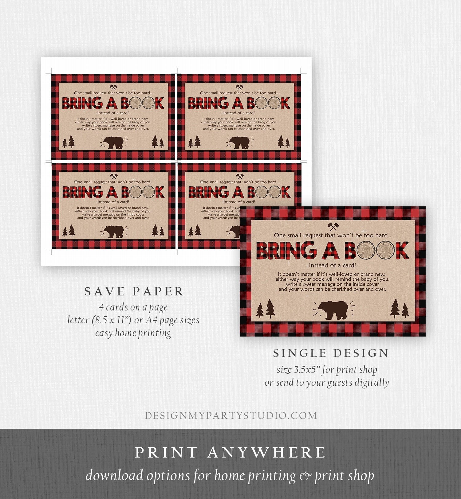 Editable Bring a Book Card Lumberjack Baby Shower Buffalo Plaid Book Insert Books for Baby Book Request Bear Template PRINTABLE Corjl 0026