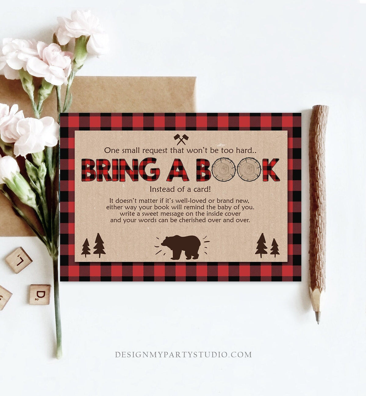 Editable Bring a Book Card Lumberjack Baby Shower Buffalo Plaid Book Insert Books for Baby Book Request Bear Template PRINTABLE Corjl 0026