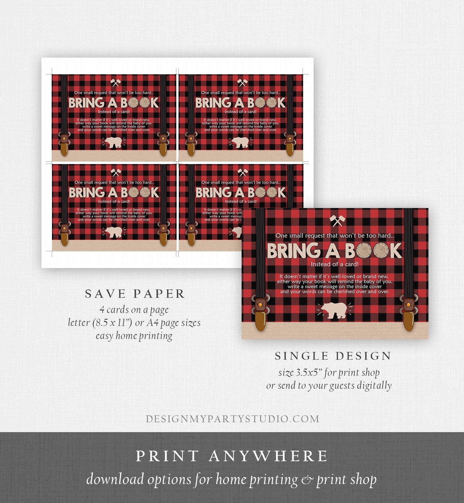 Editable Bring a Book Card Lumberjack Baby Shower Buffalo Plaid Book Insert Books for Baby Book Request Bear Template PRINTABLE Corjl 0026