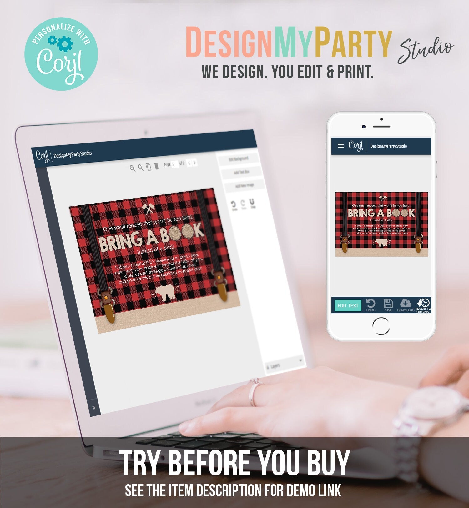 Editable Bring a Book Card Lumberjack Baby Shower Buffalo Plaid Book Insert Books for Baby Book Request Bear Template PRINTABLE Corjl 0026