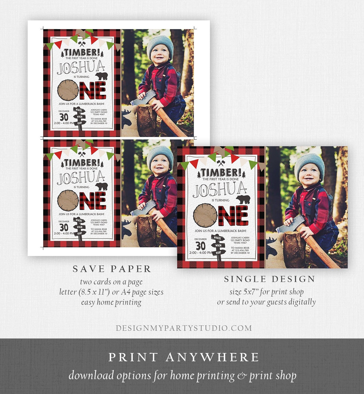 Editable Lumberjack First Birthday Invitation One Lumberjack 1st Birthday Buffalo Plaid Outdoor Bear Boy Printable Corjl Template 0377