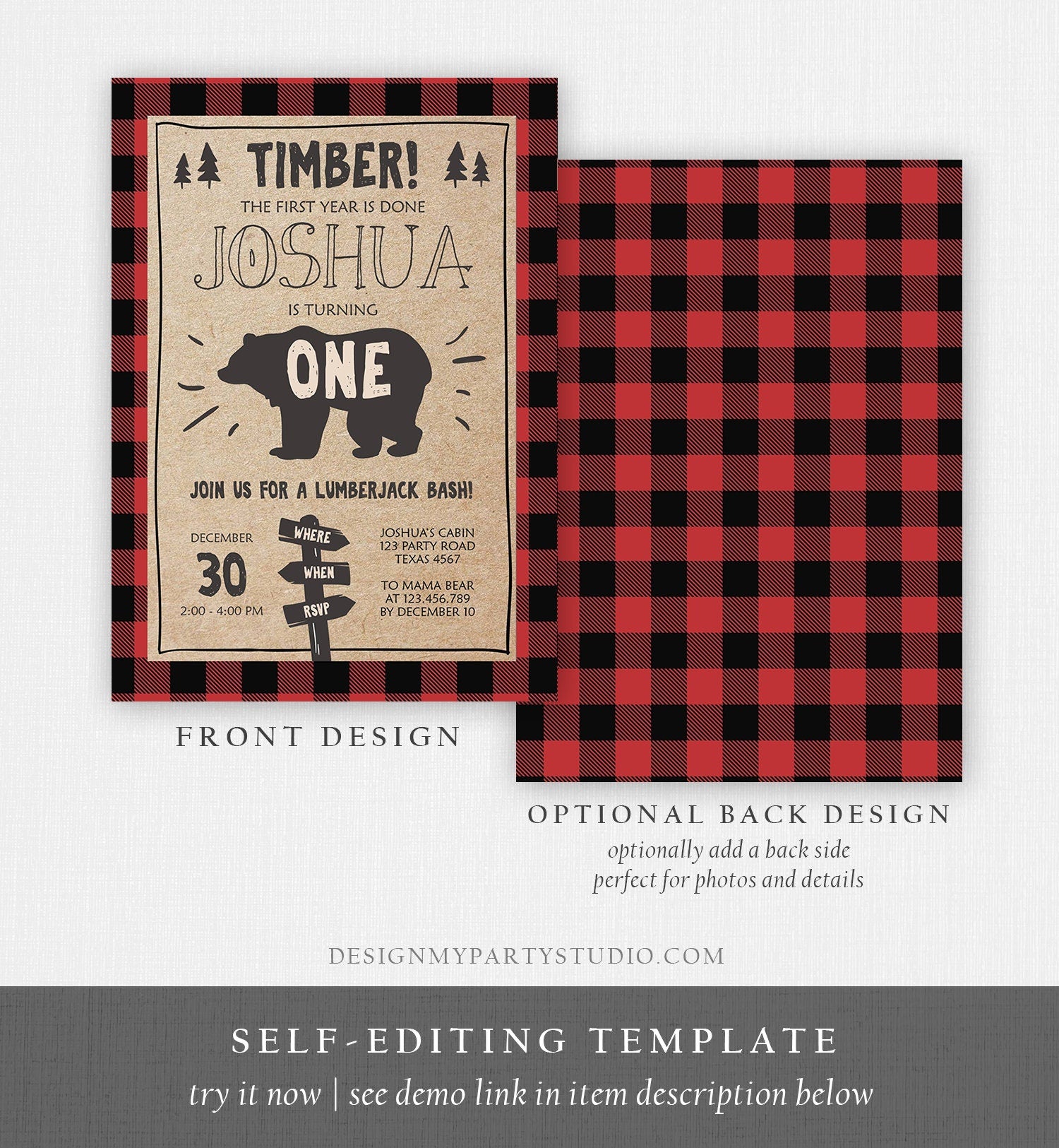 Editable Lumberjack Birthday Invitation First Birthday 1st Boy Woodland Bear Forest Red Black Plaid Rustic Printable Corjl Template 0026