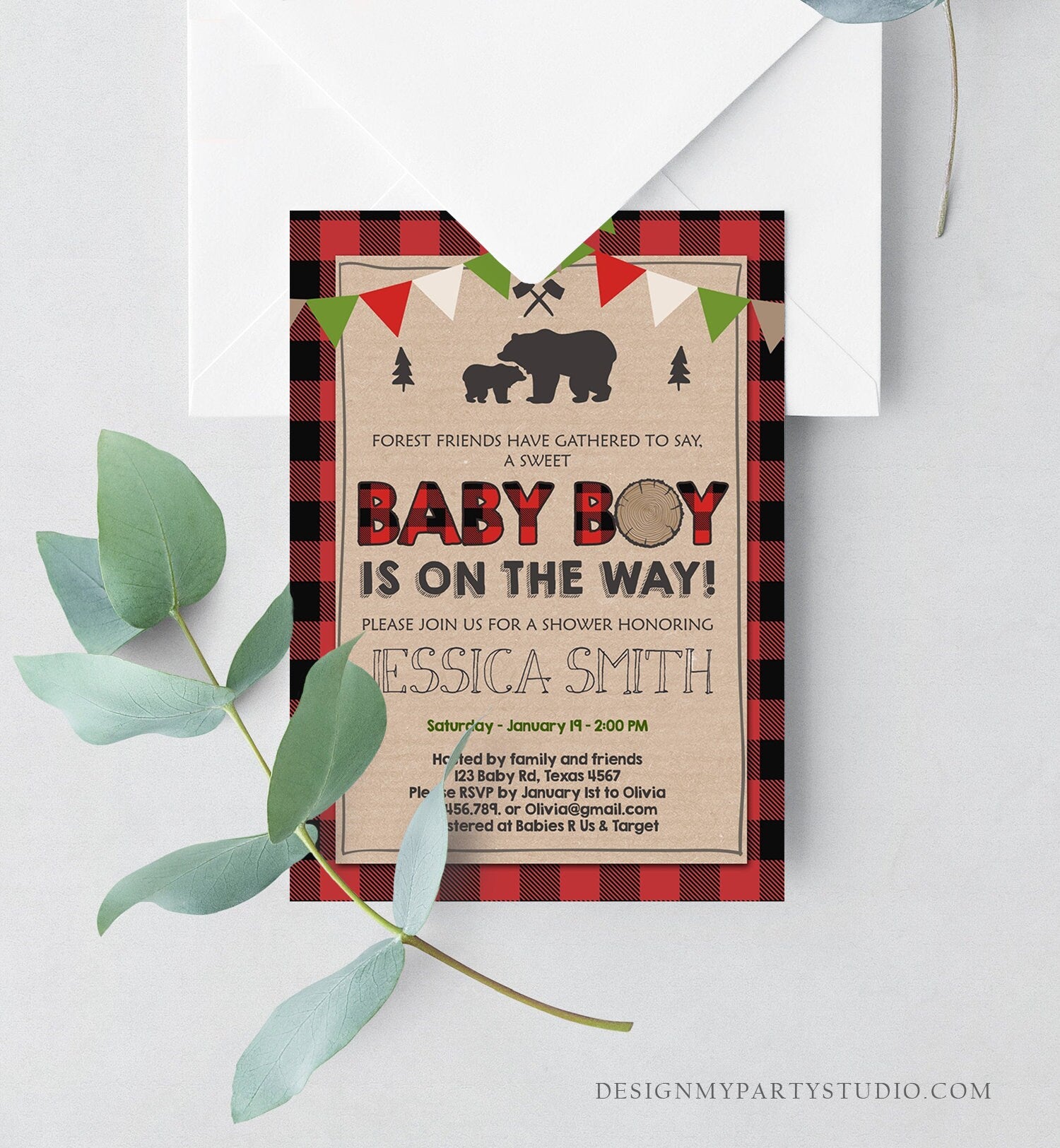 Editable Lumberjack Baby Shower Invitation Baby Boy Buffalo Plaid Rustic Bear Cub Instant Download Printable Template Digital Corjl 0026