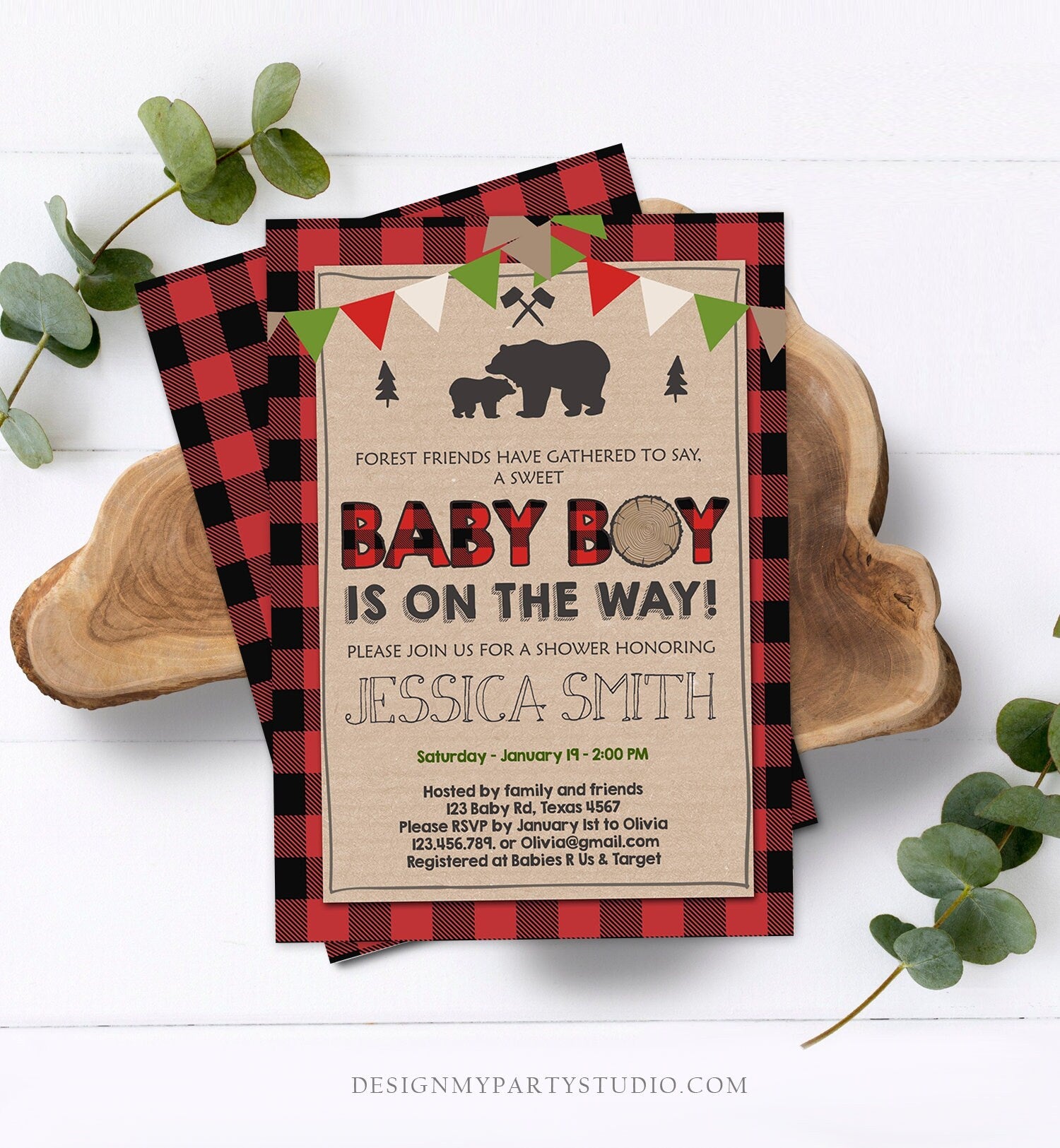 Editable Lumberjack Baby Shower Invitation Baby Boy Buffalo Plaid Rustic Bear Cub Instant Download Printable Template Digital Corjl 0026