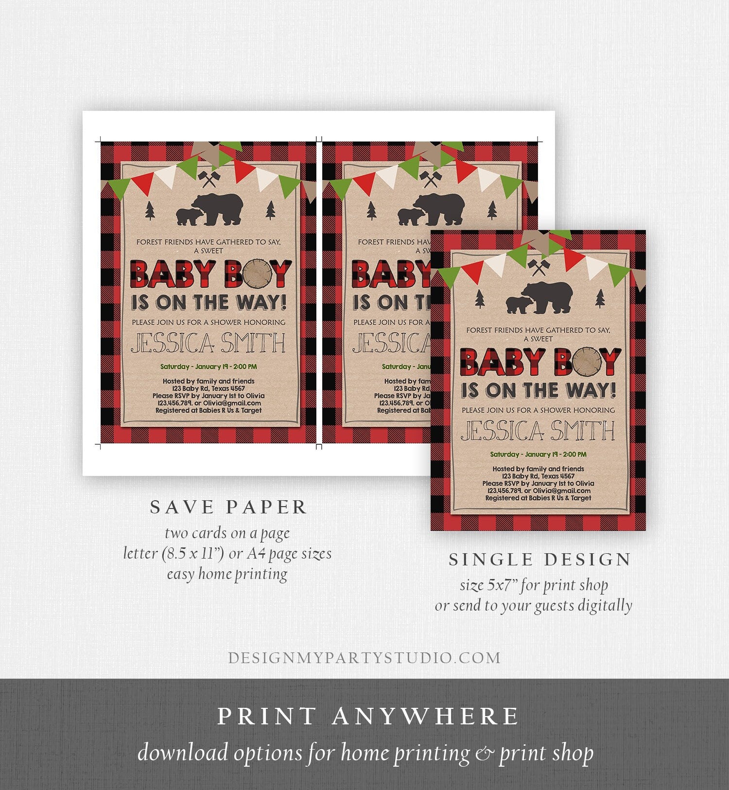 Editable Lumberjack Baby Shower Invitation Baby Boy Buffalo Plaid Rustic Bear Cub Instant Download Printable Template Digital Corjl 0026