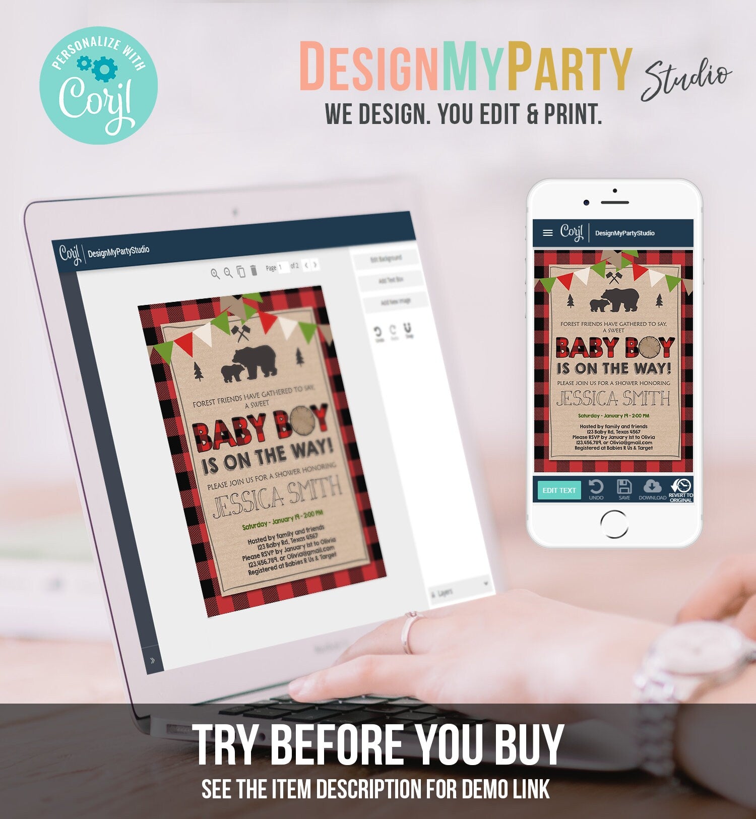 Editable Lumberjack Baby Shower Invitation Baby Boy Buffalo Plaid Rustic Bear Cub Instant Download Printable Template Digital Corjl 0026