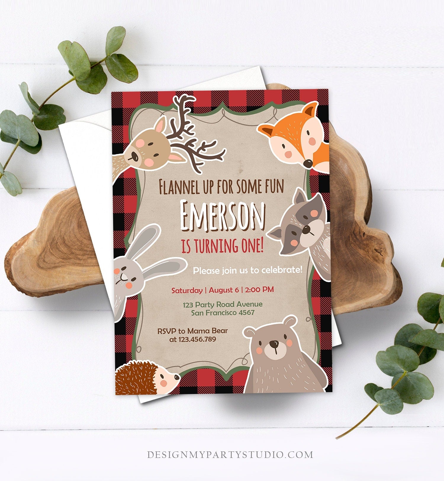 Editable Lumberjack Birthday Invitation Rustic Woodland Animals Birthday Bear Buffalo Plaid Wild One Download Printable Template Corjl 0303