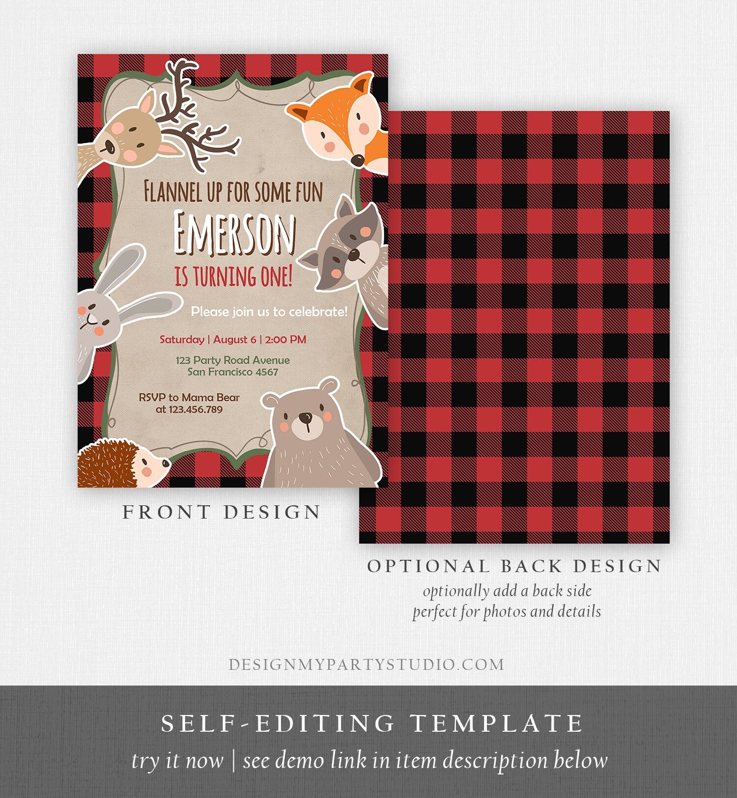 Editable Lumberjack Birthday Invitation Rustic Woodland Animals Birthday Bear Buffalo Plaid Wild One Download Printable Template Corjl 0303