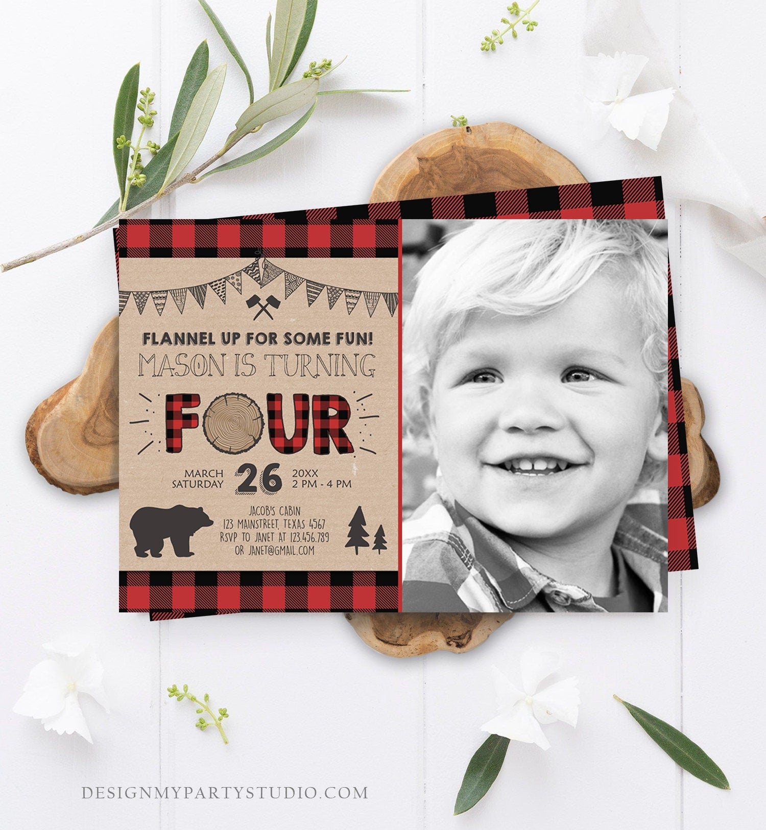 Editable Lumberjack 4th Birthday Invitation Rustic Woodland Bear Forest Buffalo Plaid Four Birthday Printable Template Digital Corjl 0026