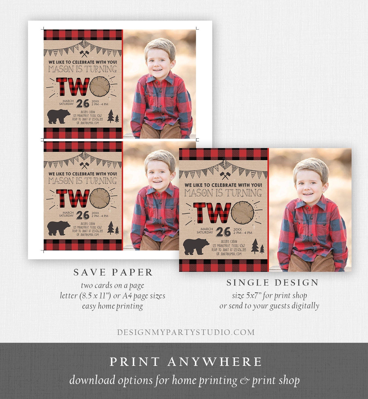 Editable 2nd Birthday Invitation Lumberjack Rustic Woodland Bear Forest Buffalo Plaid Four Birthday Printable Template Digital Corjl 0026