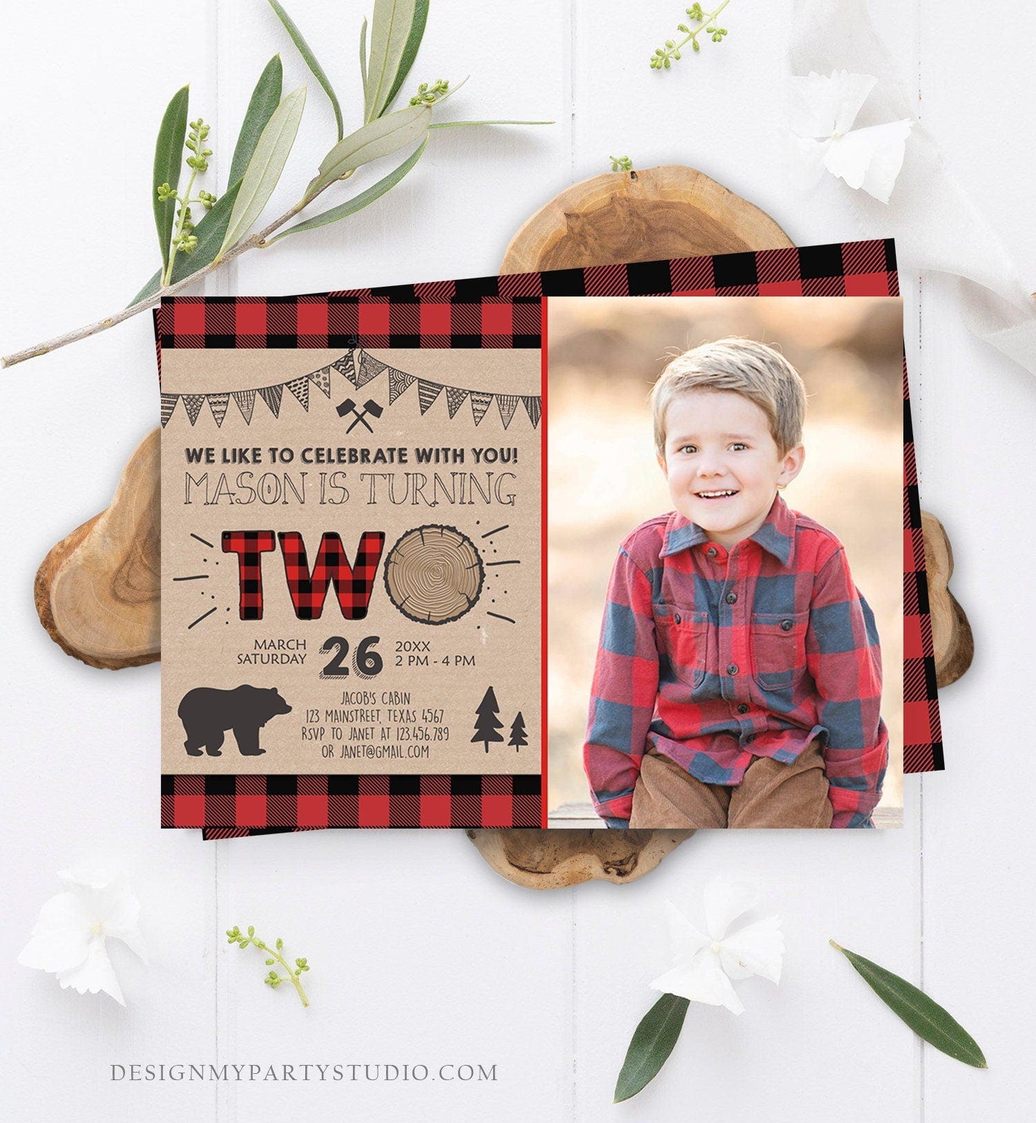 Editable 2nd Birthday Invitation Lumberjack Rustic Woodland Bear Forest Buffalo Plaid Four Birthday Printable Template Digital Corjl 0026