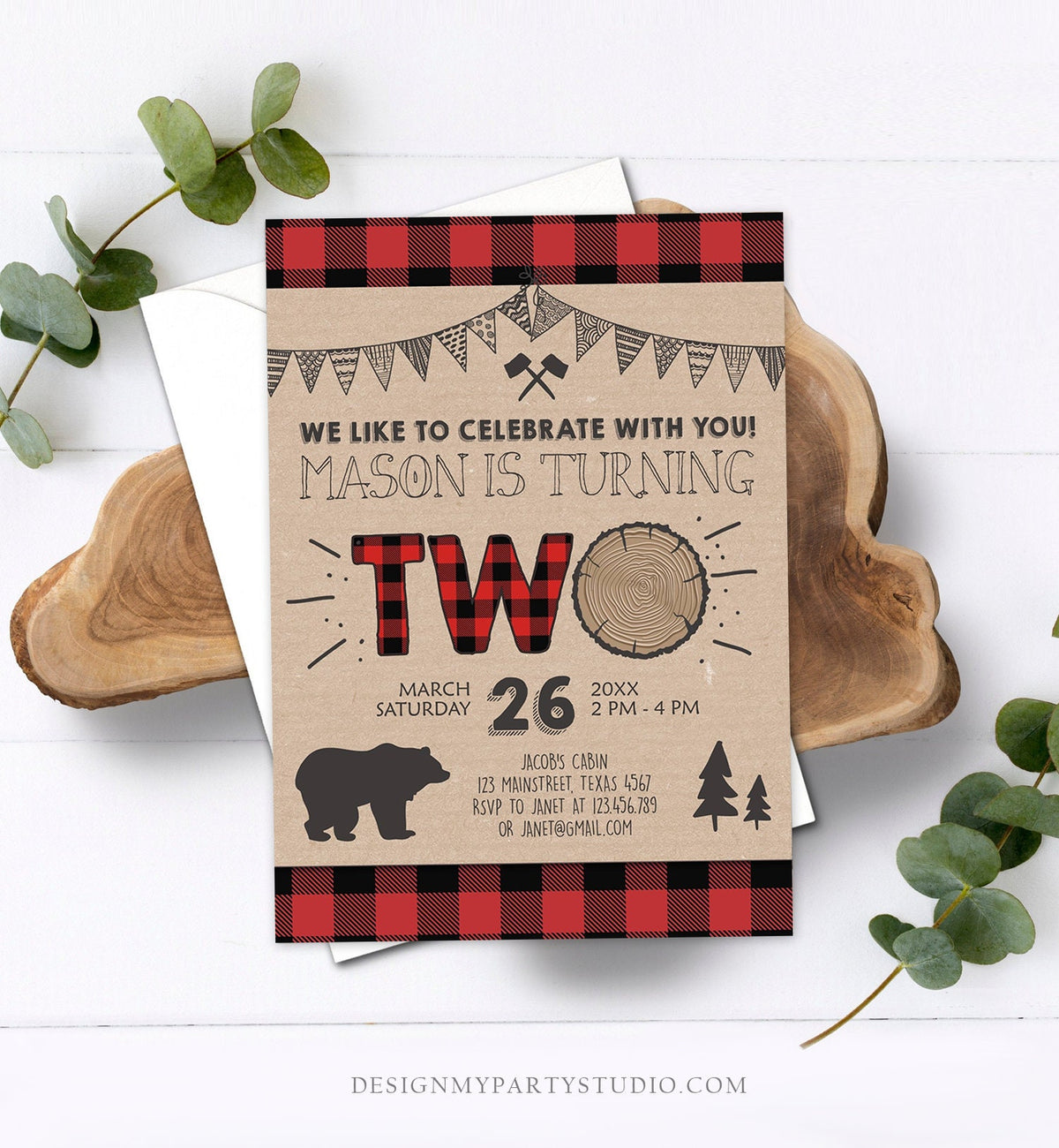 Editable 2nd Birthday Invitation Lumberjack Rustic Woodland Bear Forest Buffalo Plaid Four Birthday Printable Template Digital Corjl 0026