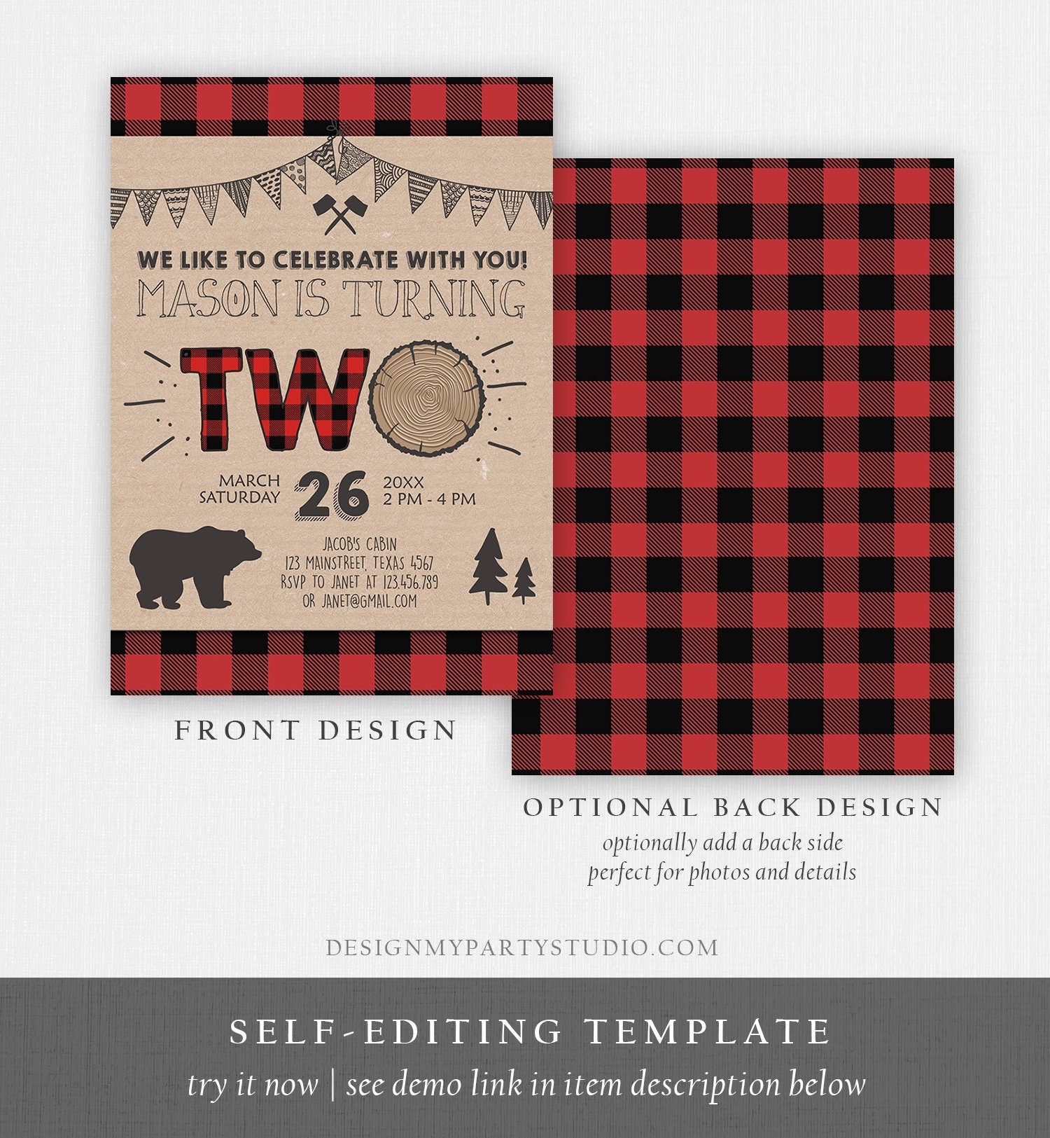 Editable 2nd Birthday Invitation Lumberjack Rustic Woodland Bear Forest Buffalo Plaid Four Birthday Printable Template Digital Corjl 0026