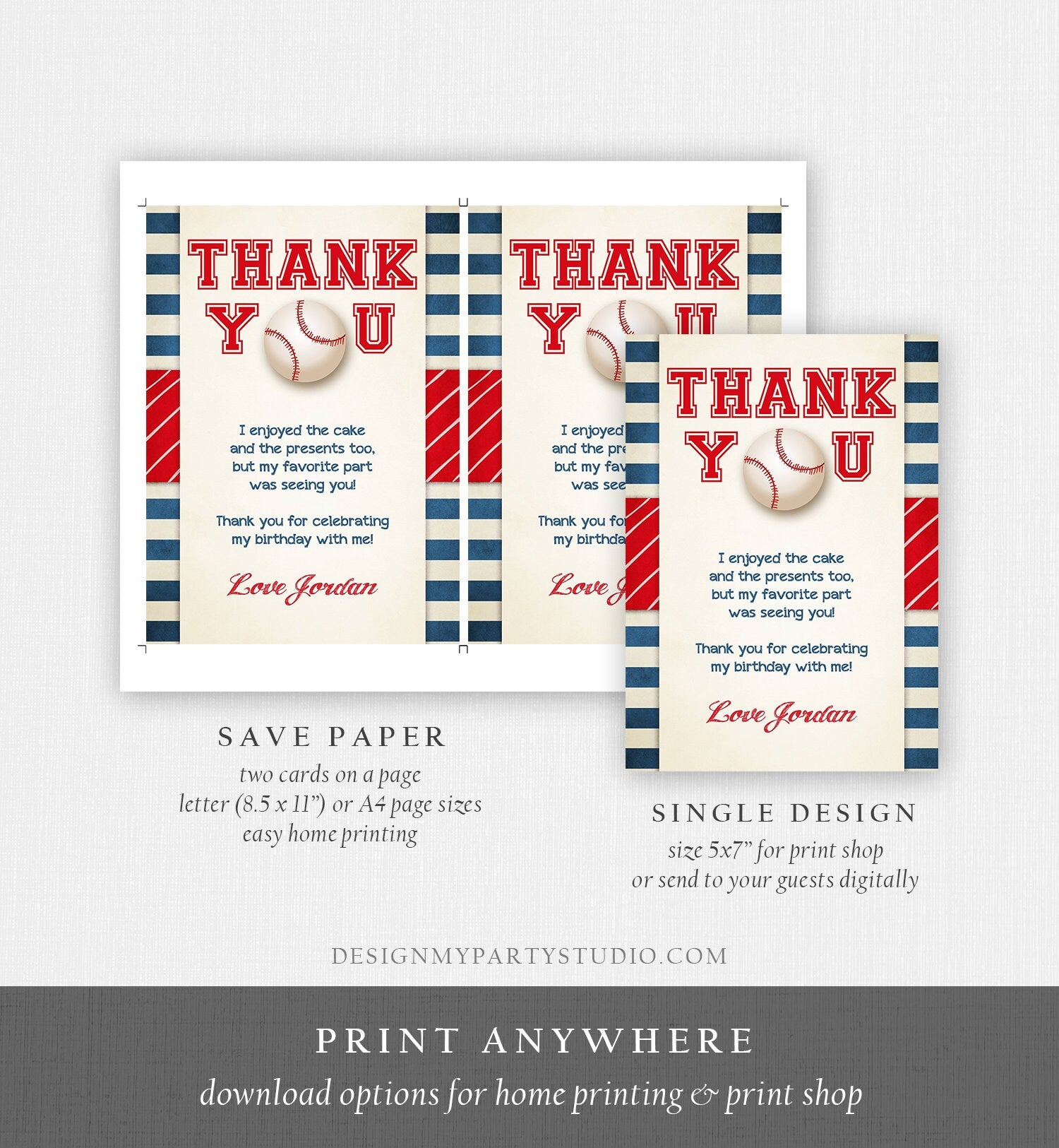 Editable Baseball Thank You Card Birthday Boy Little Slugger Rookie of The Year First 1st Batter Up Download Template Digital Corjl 0069