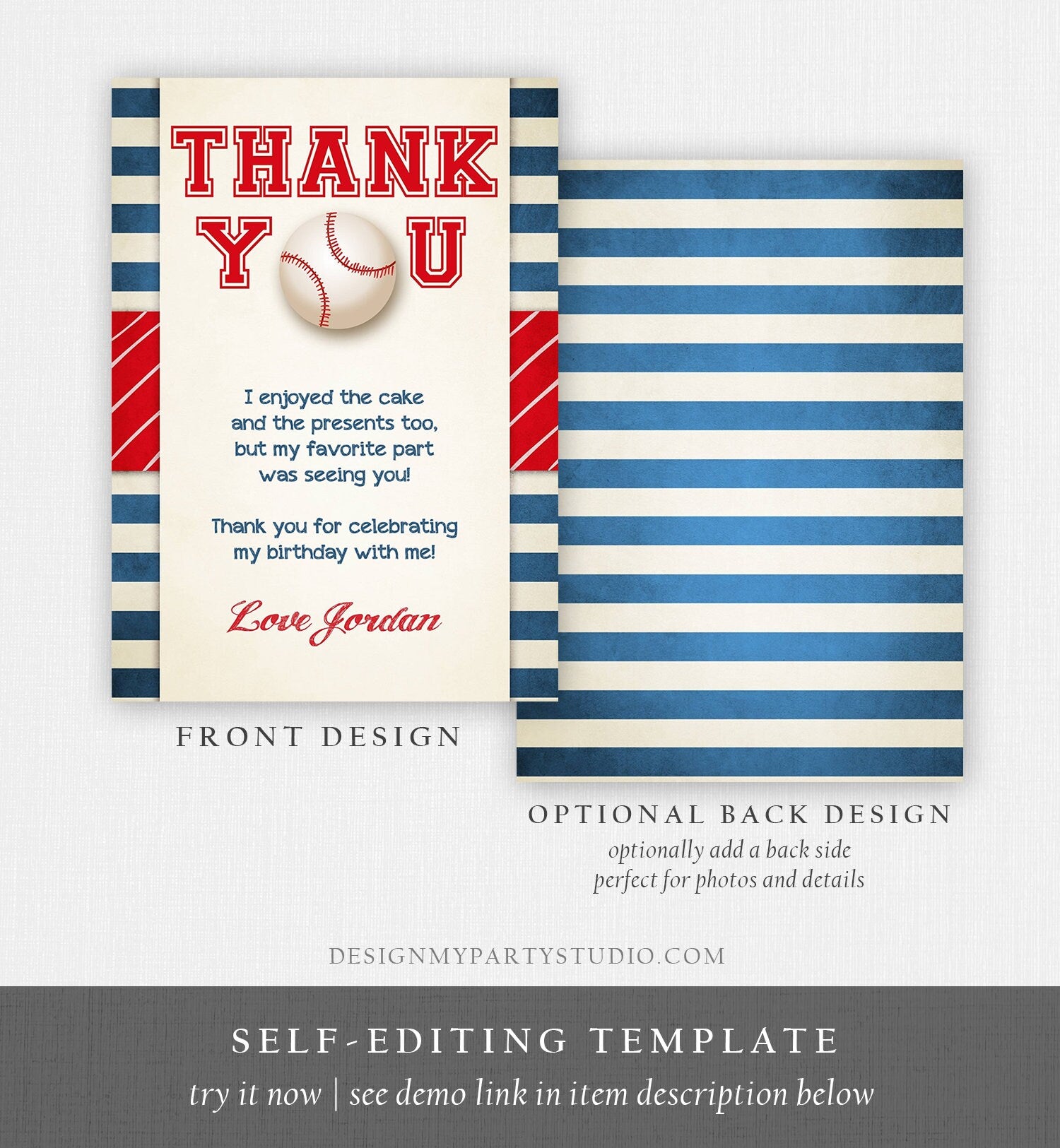 Editable Baseball Thank You Card Birthday Boy Little Slugger Rookie of The Year First 1st Batter Up Download Template Digital Corjl 0069