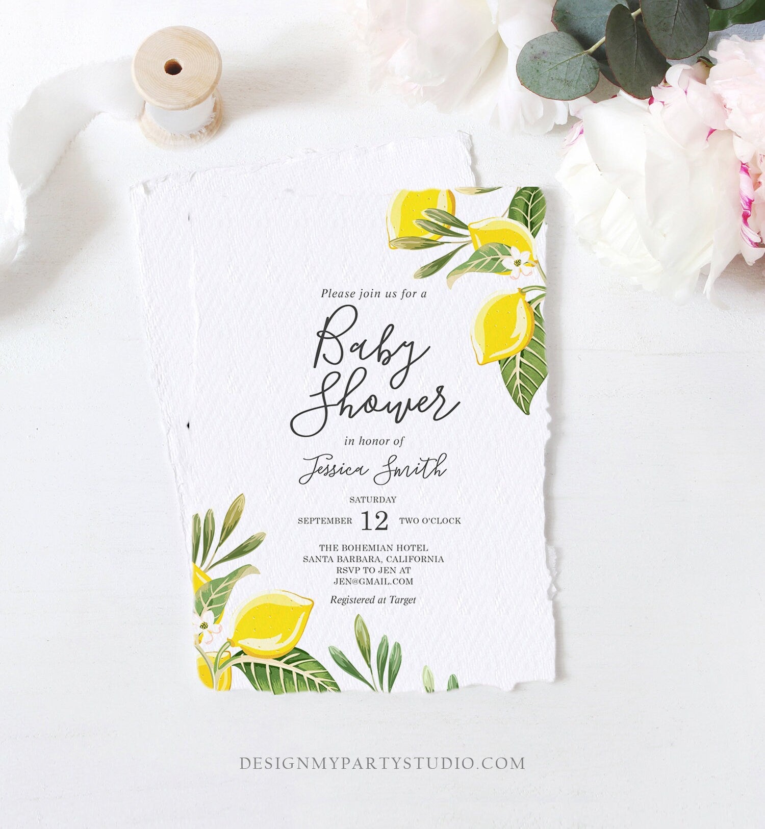 Editable Lemon Baby Shower Invitation Bohemian Citrus Rustic Greenery Summer Floral Lemonade Sprinkle Download Corjl Template Printable 0220