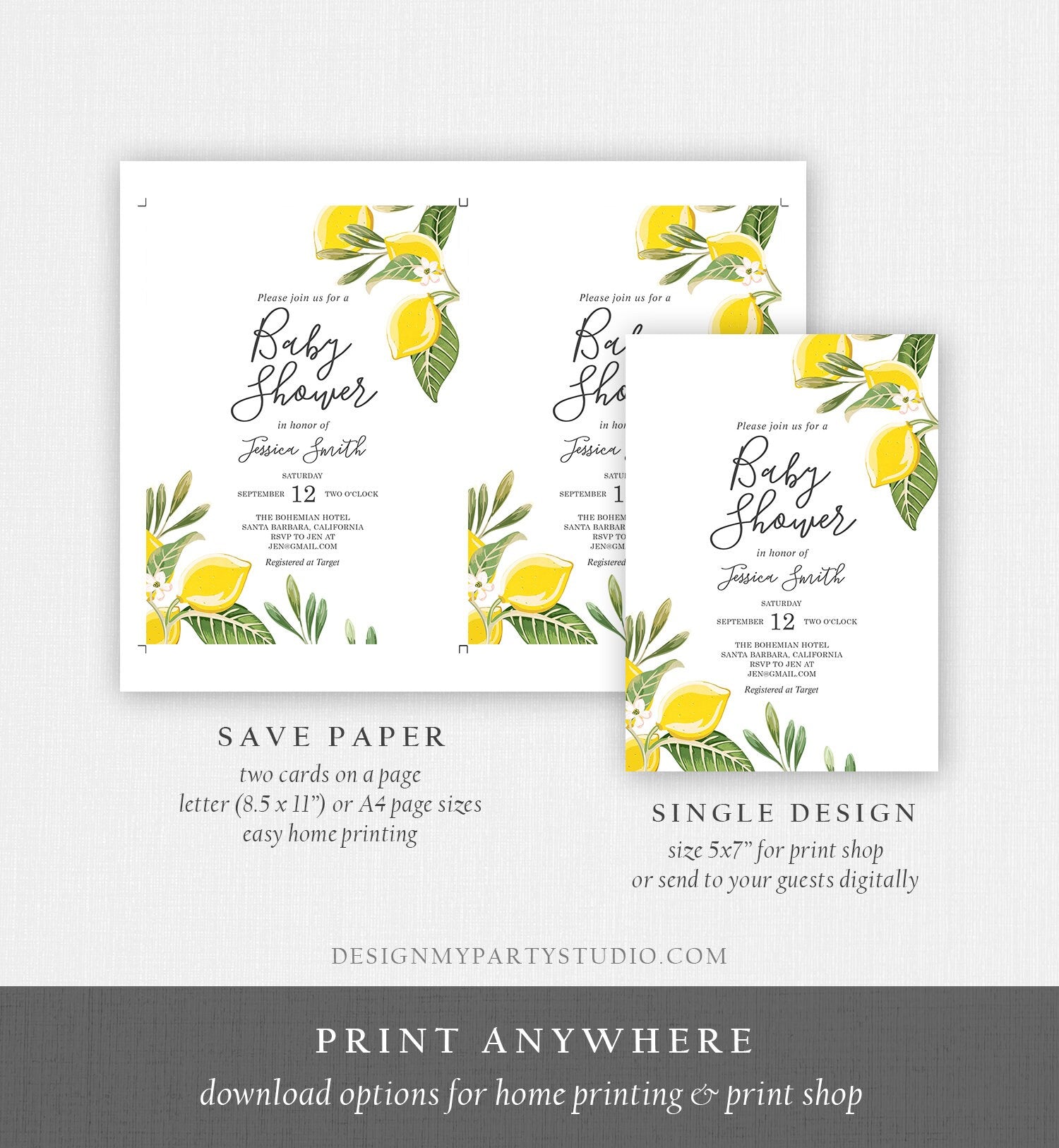 Editable Lemon Baby Shower Invitation Bohemian Citrus Rustic Greenery Summer Floral Lemonade Sprinkle Download Corjl Template Printable 0220