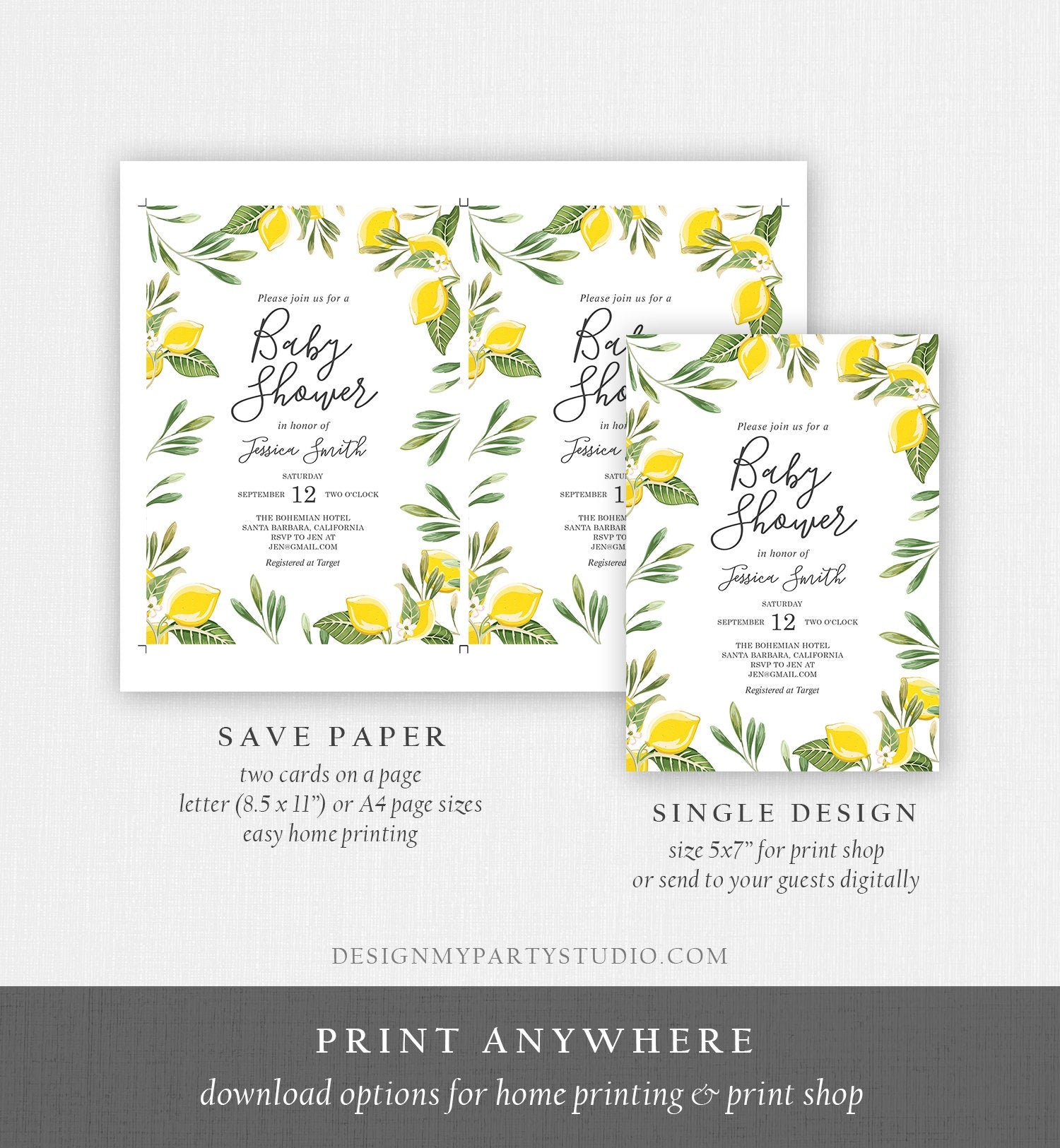 Editable Lemon Baby Shower Invitation Bohemian Citrus Rustic Greenery Summer Floral Lemonade Sprinkle Download Corjl Template Printable 0220