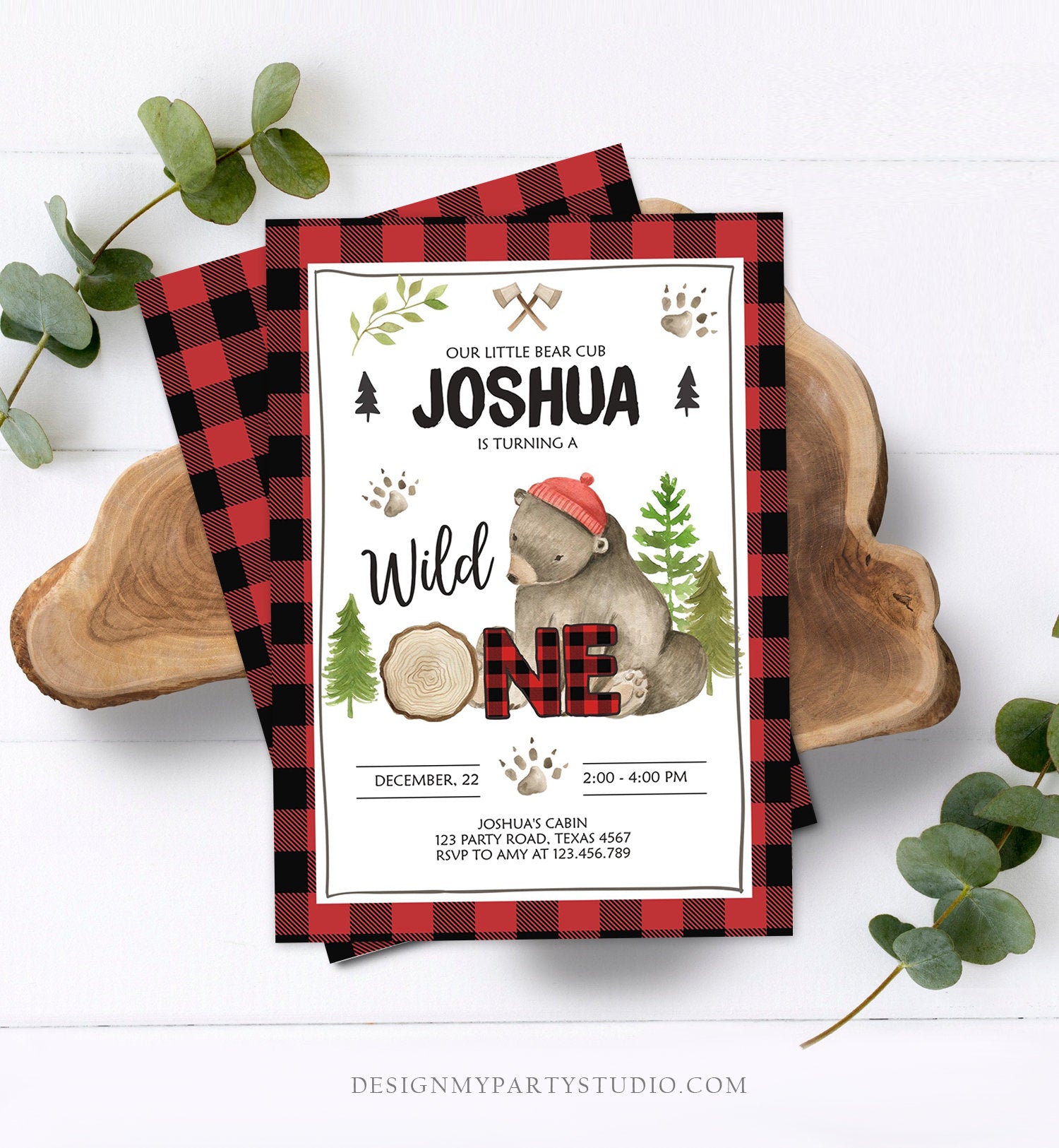 Editable Lumberjack Wild One Birthday Invitation First Birthday Forest Trees Red Plaid Outdoor Bear Boy 1st Printable Corjl Template 0026