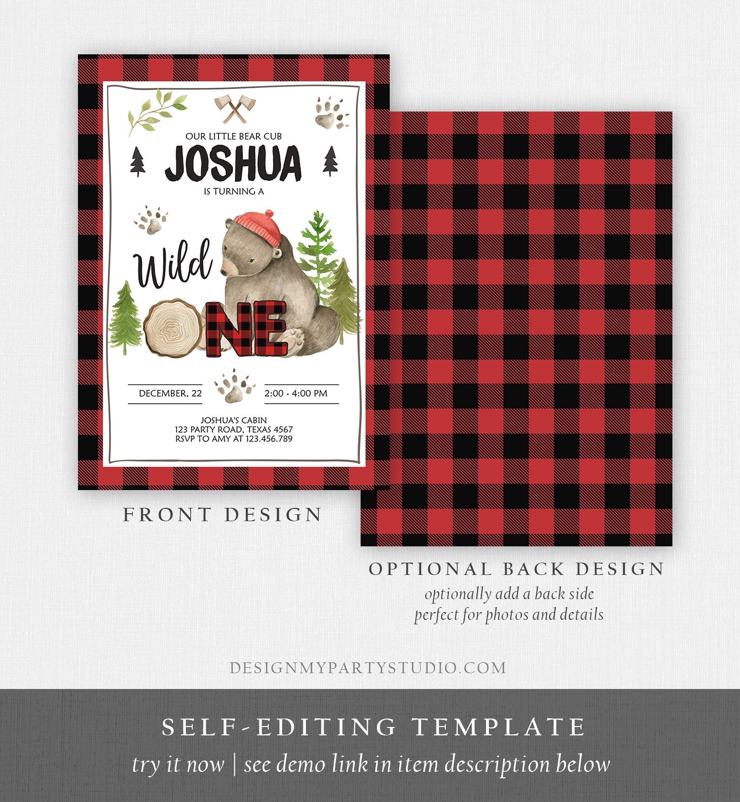 Editable Lumberjack Wild One Birthday Invitation First Birthday Forest Trees Red Plaid Outdoor Bear Boy 1st Printable Corjl Template 0026